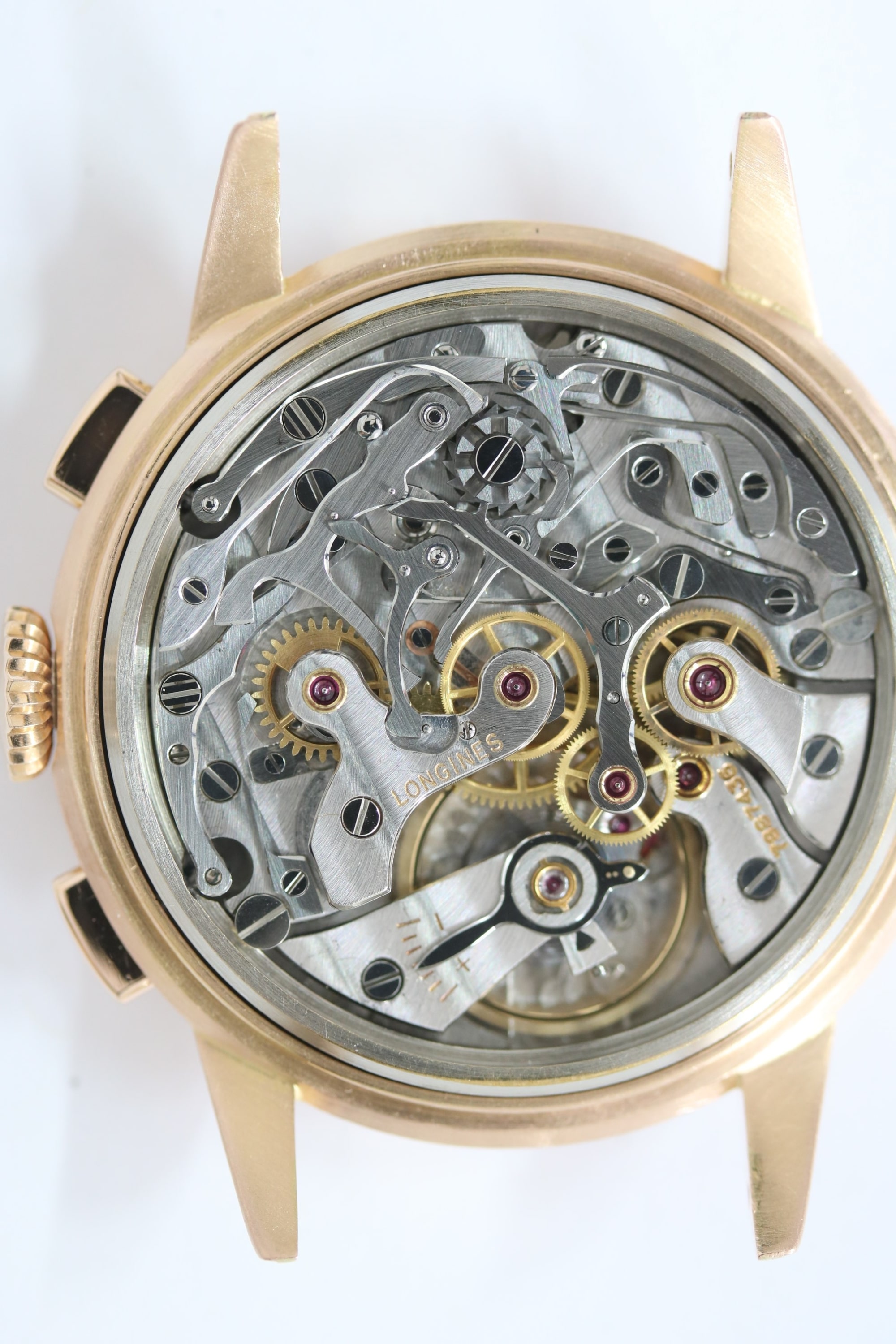 Longines 5966. 30CH movement of specimen 7,887,436. · Photo: Longines · © Longines; permission not recorded · Source: https://www.longines.com/jp/p/watch-longines-chronograph-30ch-in-18ct-rose-gold-1951-5966-7887436