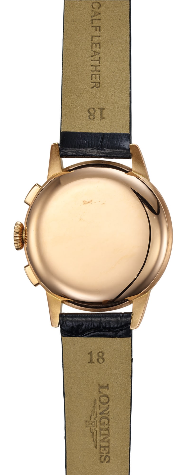 Longines 5966. Closed back of the same rose-gold specimen. · Photo: Longines · © Longines; permission not recorded · Source: https://www.longines.com/jp/p/watch-longines-chronograph-30ch-in-18ct-rose-gold-1951-5966-7887436