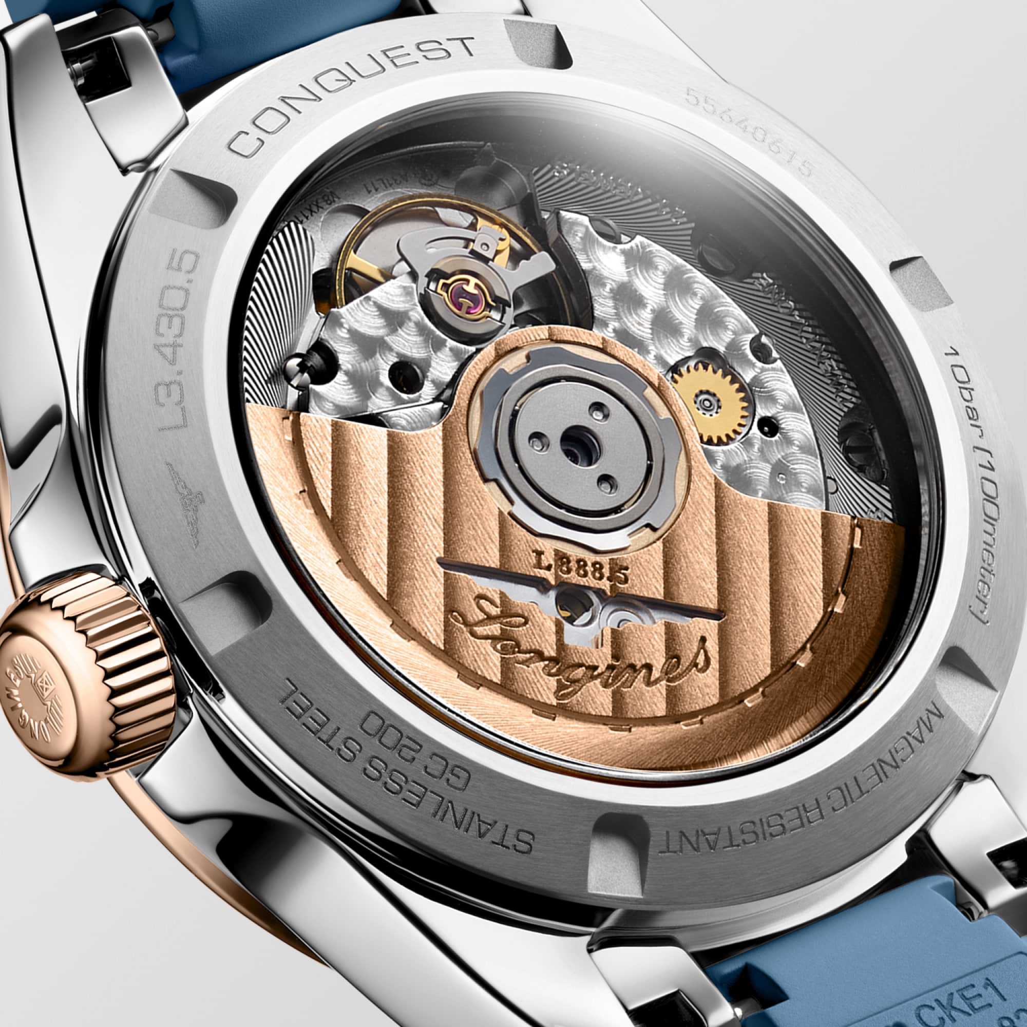 コンクエスト 自動巻、ステンレススチール&18kローズゴールドgc200