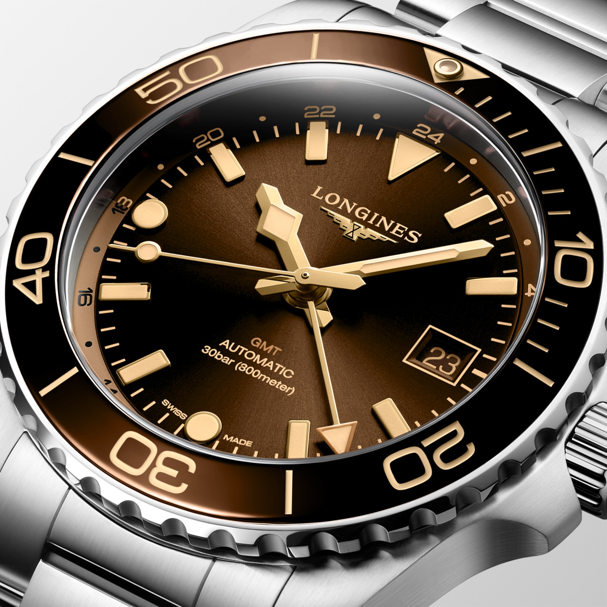 稼働 LONGINES GMT 腕時計 コンクエスト チタン デイト 1844 HYDROCONQUEST GMT 自動巻、ステンレススティールとセラミック
