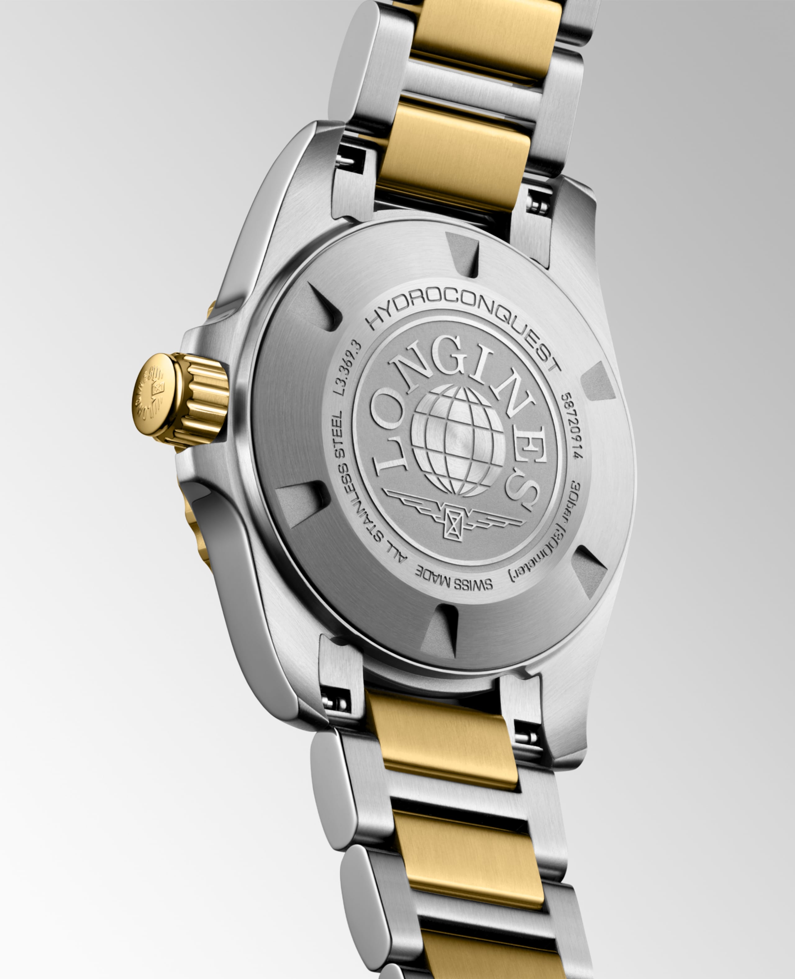 HYDROCONQUEST L3.369.3.12.7 Quartz, Stainless steel and yellow PVD coating, White matt, Bracelet Watch - Watch back