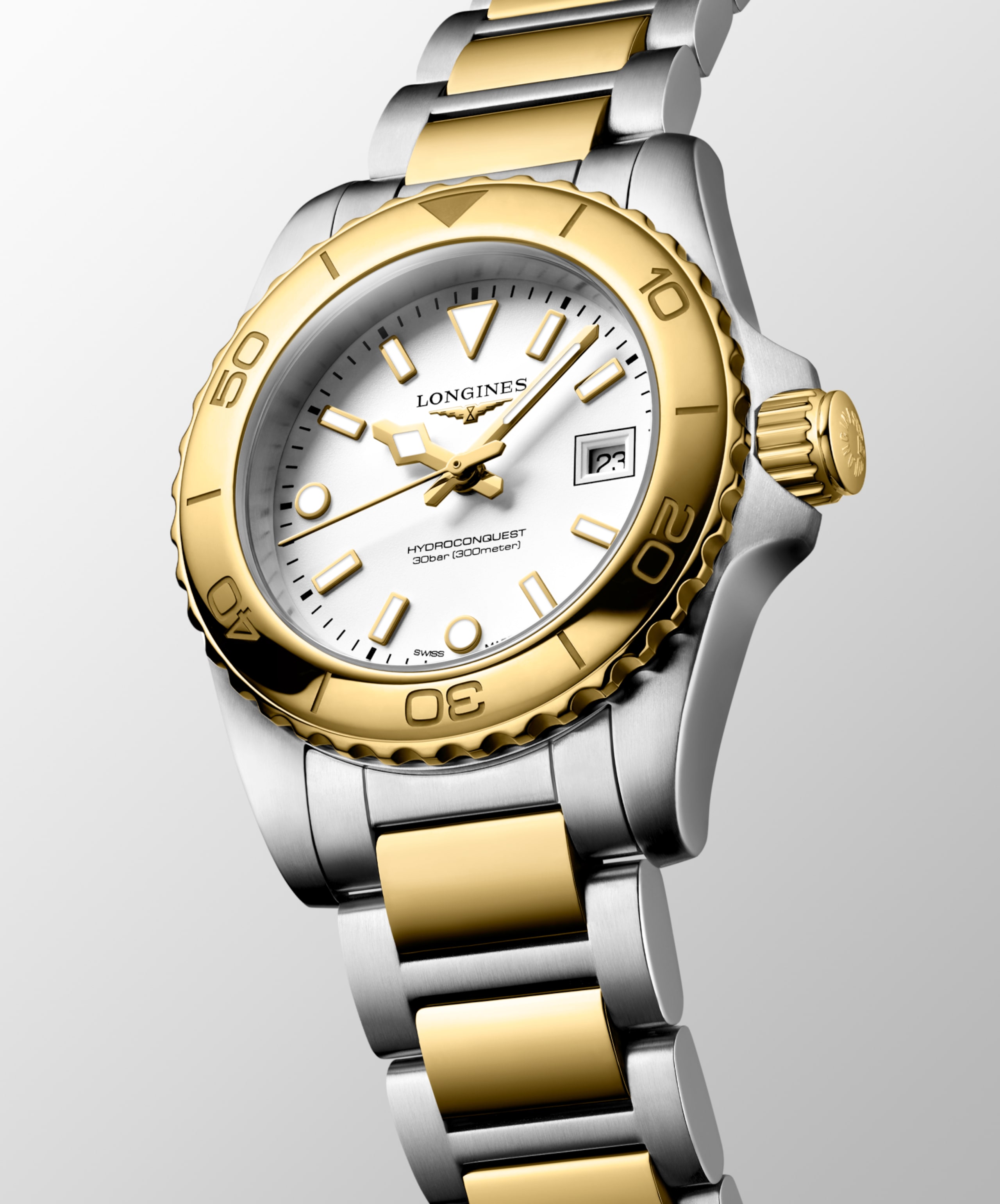 HYDROCONQUEST L3.369.3.12.7 Quartz, Stainless steel and yellow PVD coating, White matt, Bracelet Watch - Watch face
