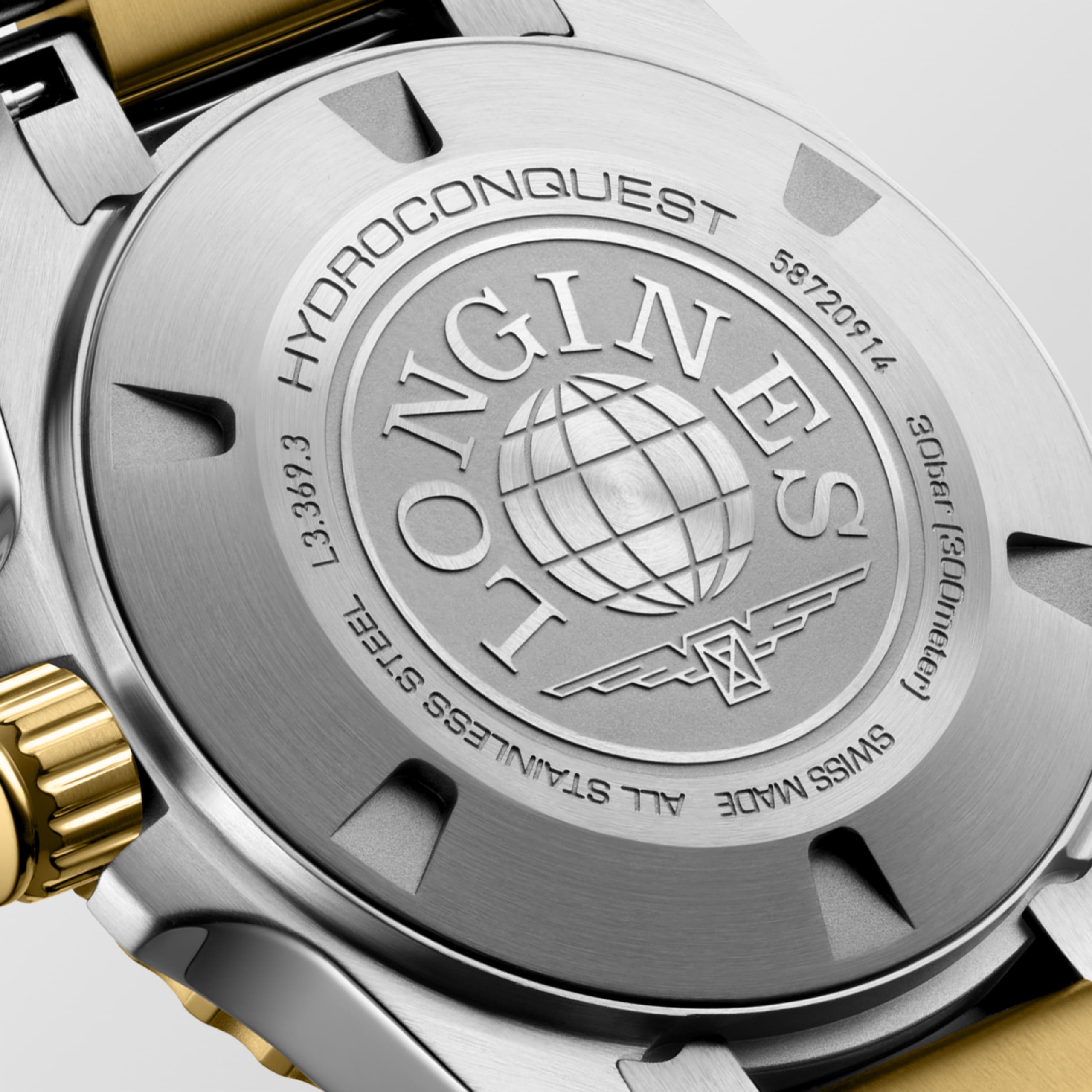 HYDROCONQUEST L3.369.3.87.7 Quartz, Stainless steel and yellow PVD coating, White mother-of-pearl, Bracelet Watch - Back close up