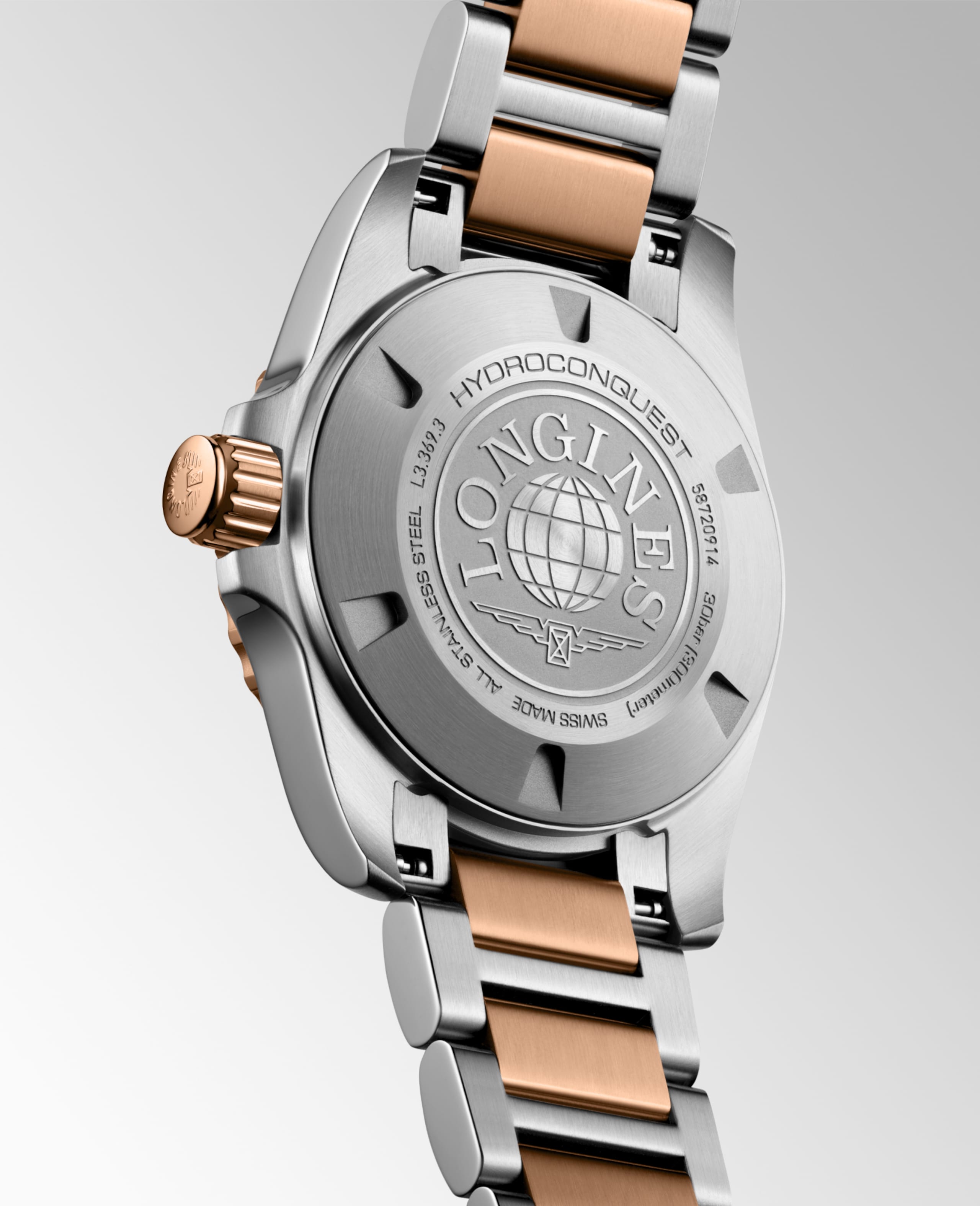 HYDROCONQUEST L3.369.3.88.7 Quartz, Stainless steel and red PVD coating, White mother-of-pearl, Bracelet Watch - Watch back