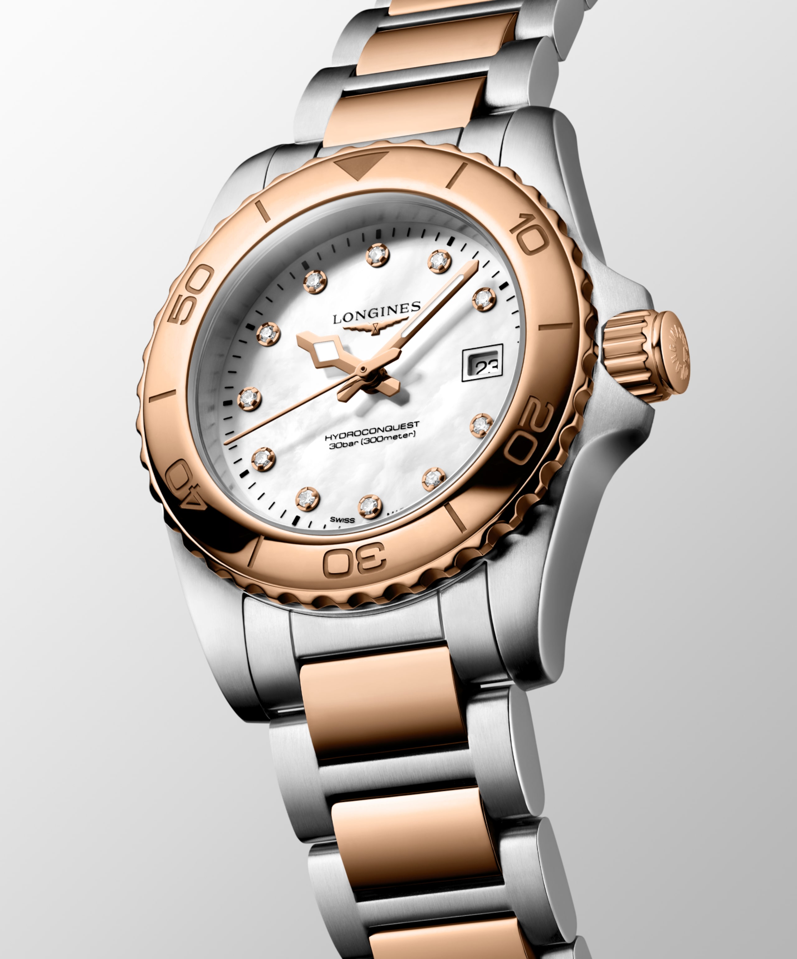 HYDROCONQUEST L3.369.3.88.7 Quartz, Stainless steel and red PVD coating, White mother-of-pearl, Bracelet Watch - Watch face