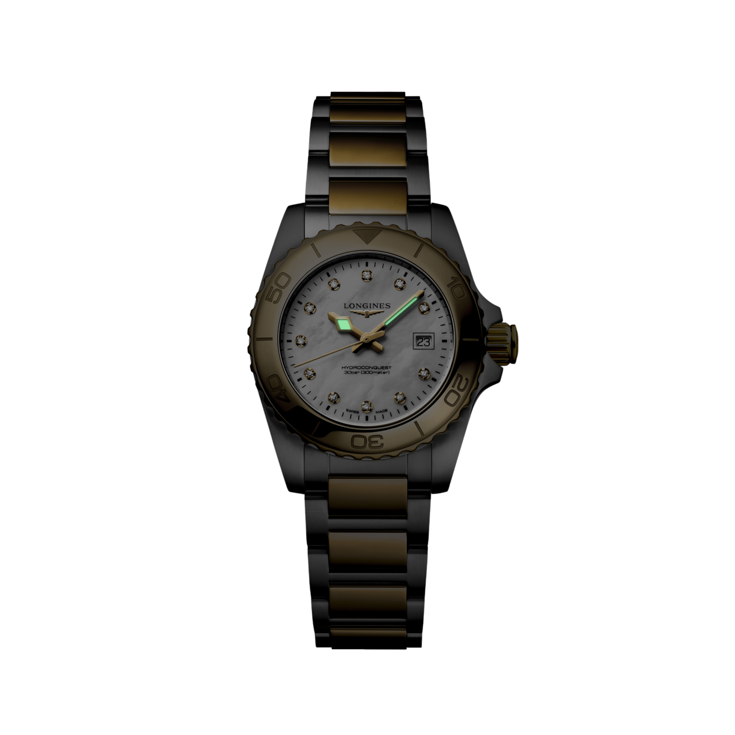 HYDROCONQUEST L3.369.3.87.7 Quartz, Stainless steel and yellow PVD coating, White mother-of-pearl, Bracelet Watch - Watch soldier
