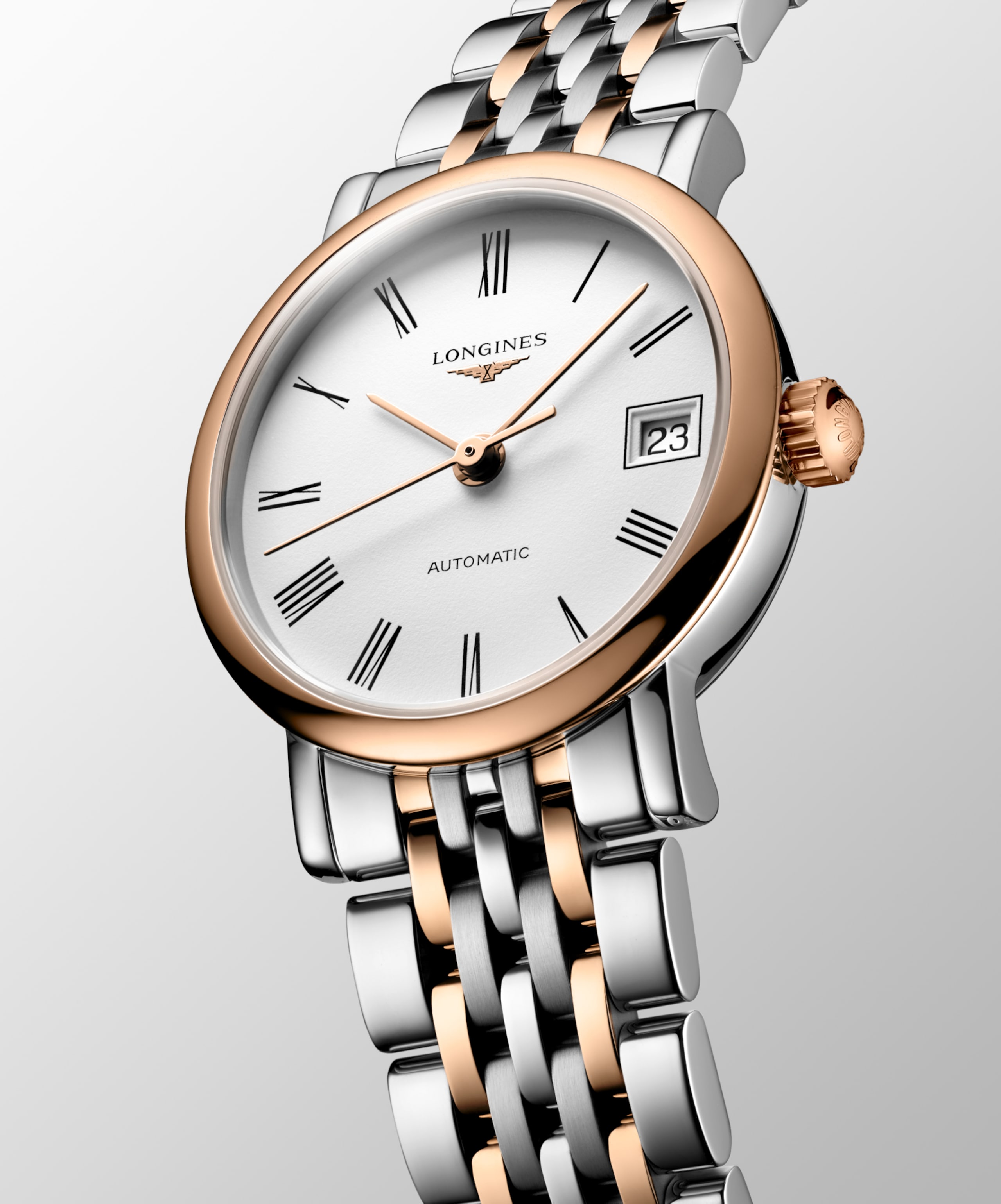 Longines ELEGANT COLLECTION automatico acciaio inossidabile e lunetta girevole bidirezionale con inserto spazzolato circolare sovrastato da una coiffe in oro rosa 18 carati 5n Watch - L4.309.5.18.7
