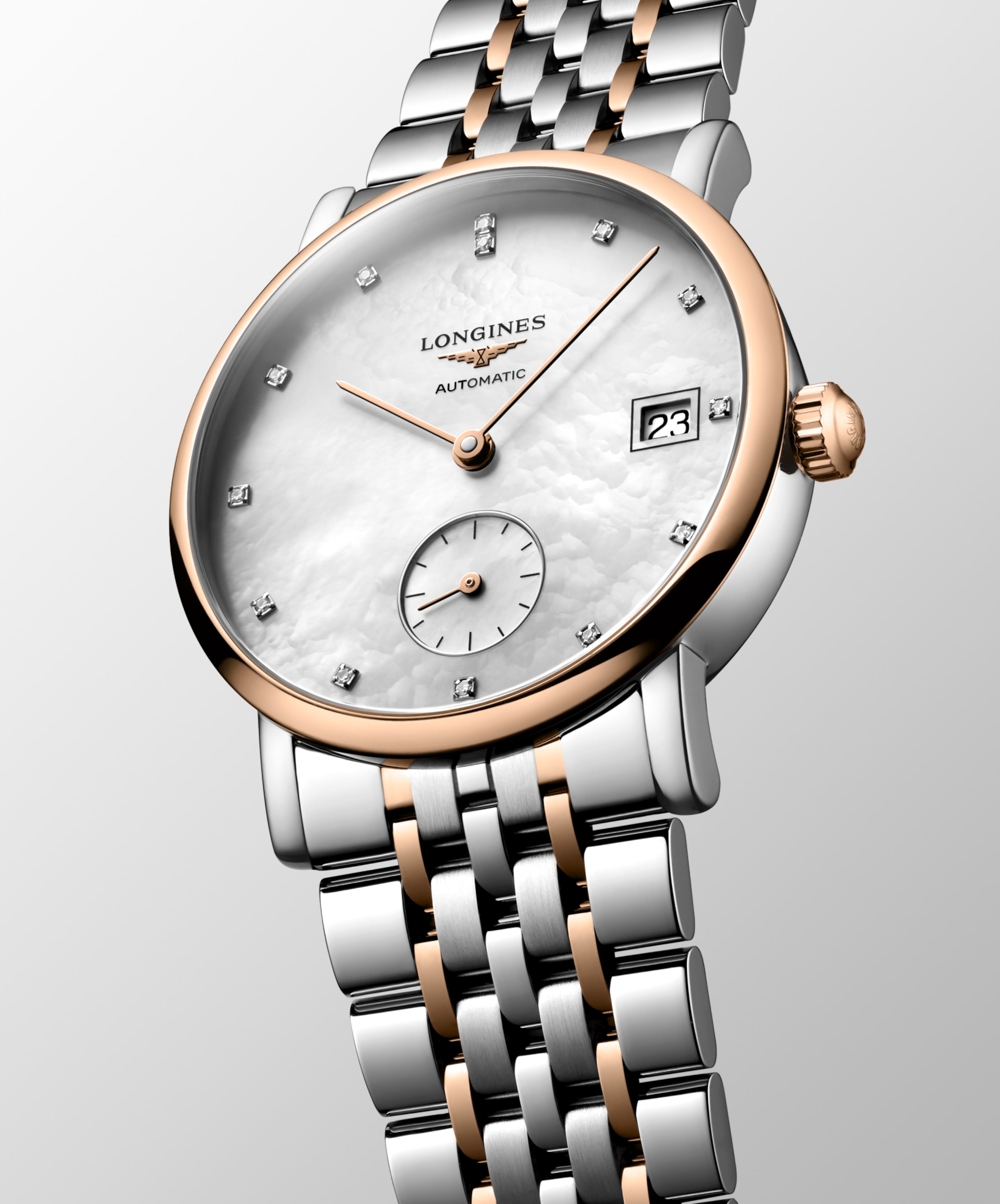 Longines ELEGANT COLLECTION automatico acciaio inossidabile e lunetta girevole bidirezionale con inserto spazzolato circolare sovrastato da una coiffe in oro rosa 18 carati 5n Watch - L4.312.5.87.7
