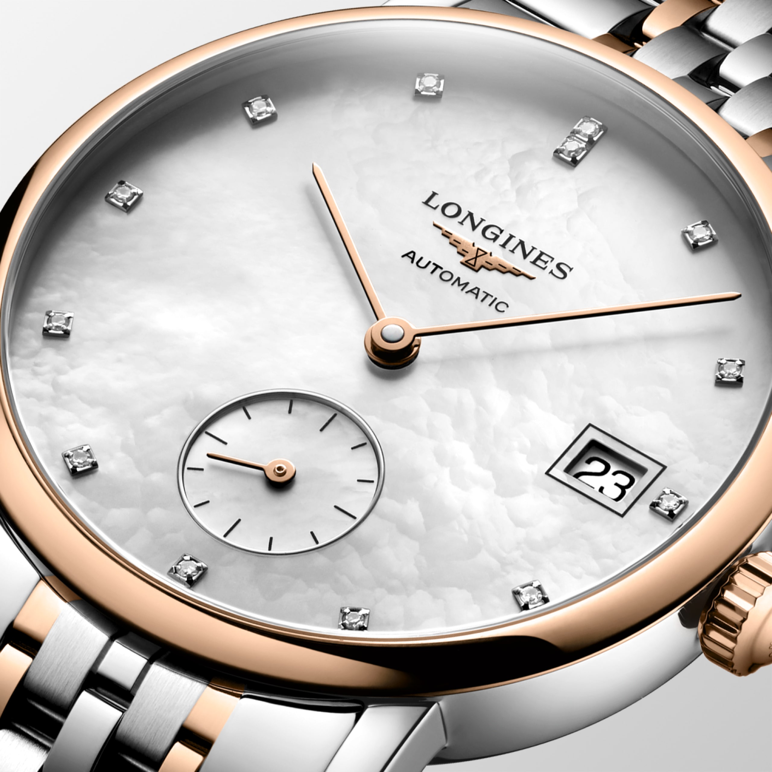 Longines ELEGANT COLLECTION automatico acciaio inossidabile e lunetta girevole bidirezionale con inserto spazzolato circolare sovrastato da una coiffe in oro rosa 18 carati 5n Watch - L4.312.5.87.7