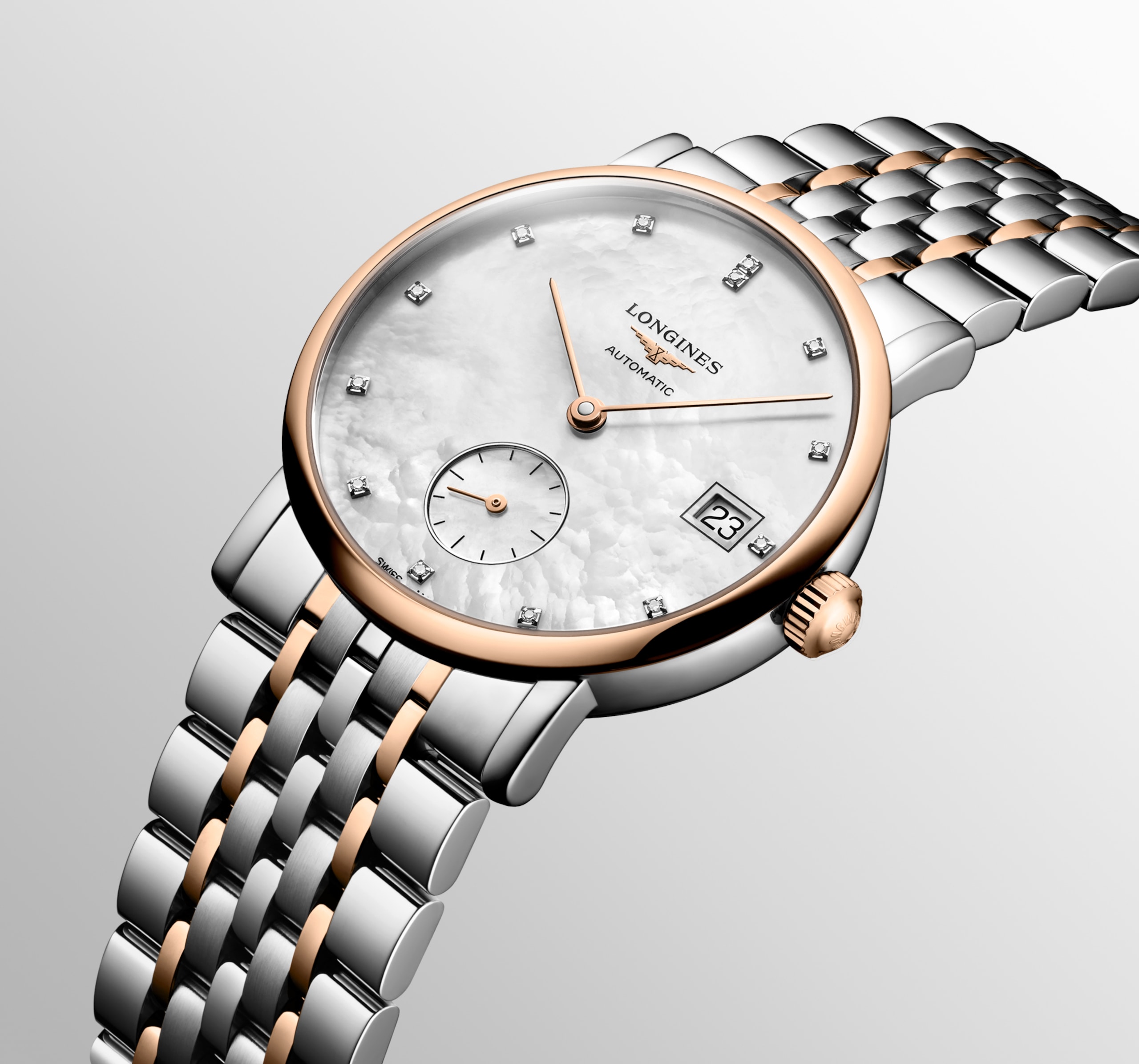 Longines ELEGANT COLLECTION automatico acciaio inossidabile e lunetta girevole bidirezionale con inserto spazzolato circolare sovrastato da una coiffe in oro rosa 18 carati 5n Watch - L4.312.5.87.7