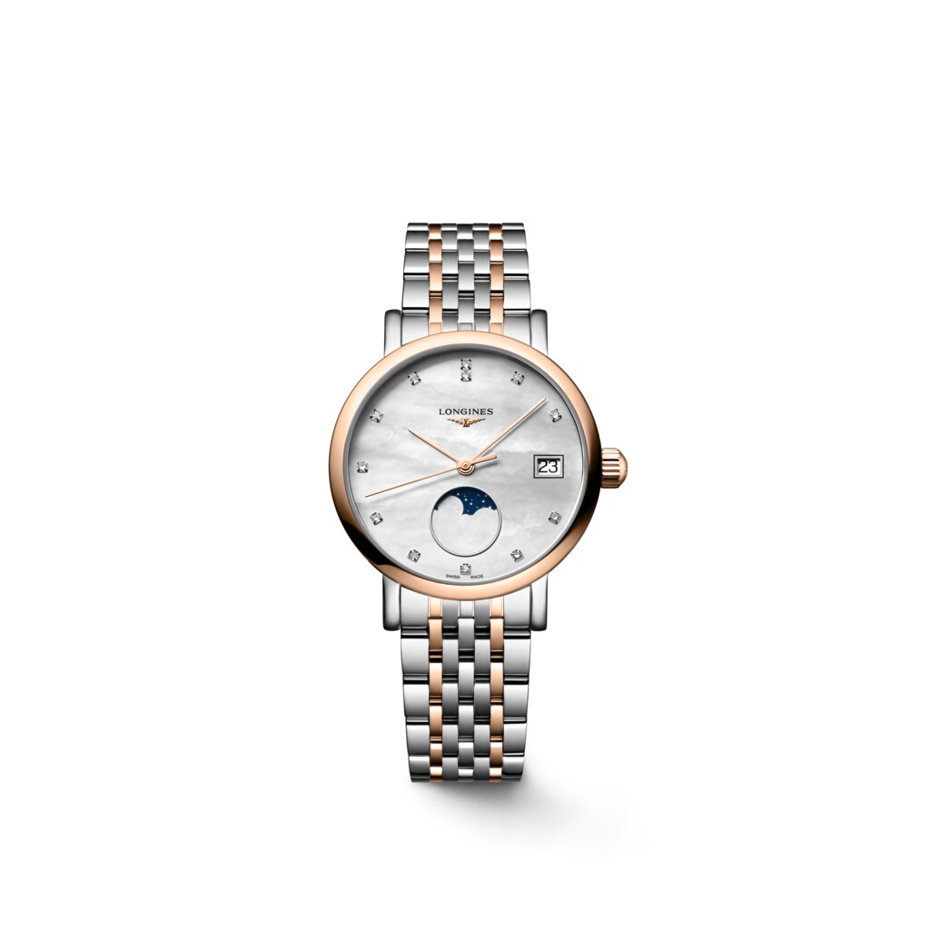 LONGINES ELEGANT COLLECTION MOONPHASE Quartz Stainless Steel And 18 Karat Pink Gold Cap 200 White Mother of pearl Dial Bracelet Watch LONGINES IN