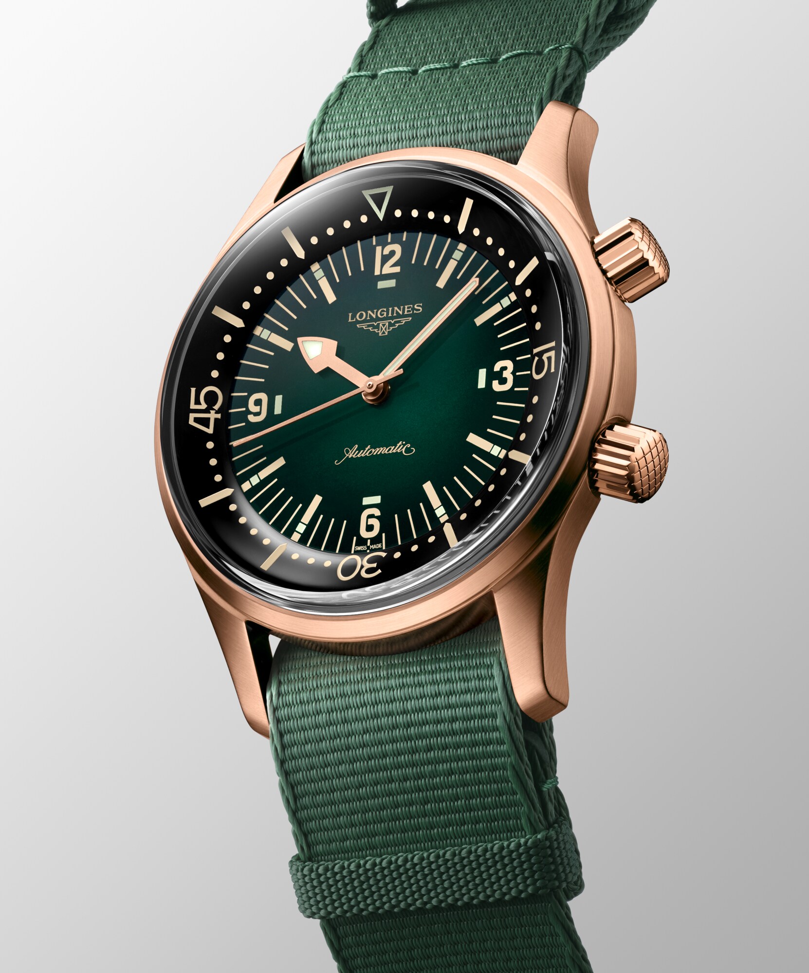 LONGINES LEGEND DIVER BRONZE Automatic Bronze With Titanium Case Back Green Dial Strap Watch LONGINES ZA