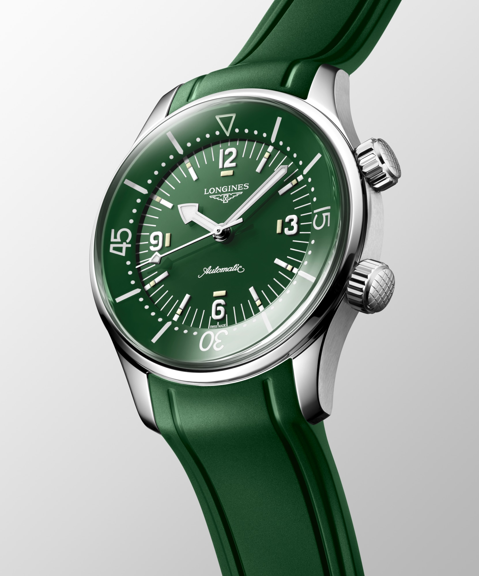 ロンジン レジェンドダイバー | Ø 39.00 mm, 緑ラッカー「ポリッシュ