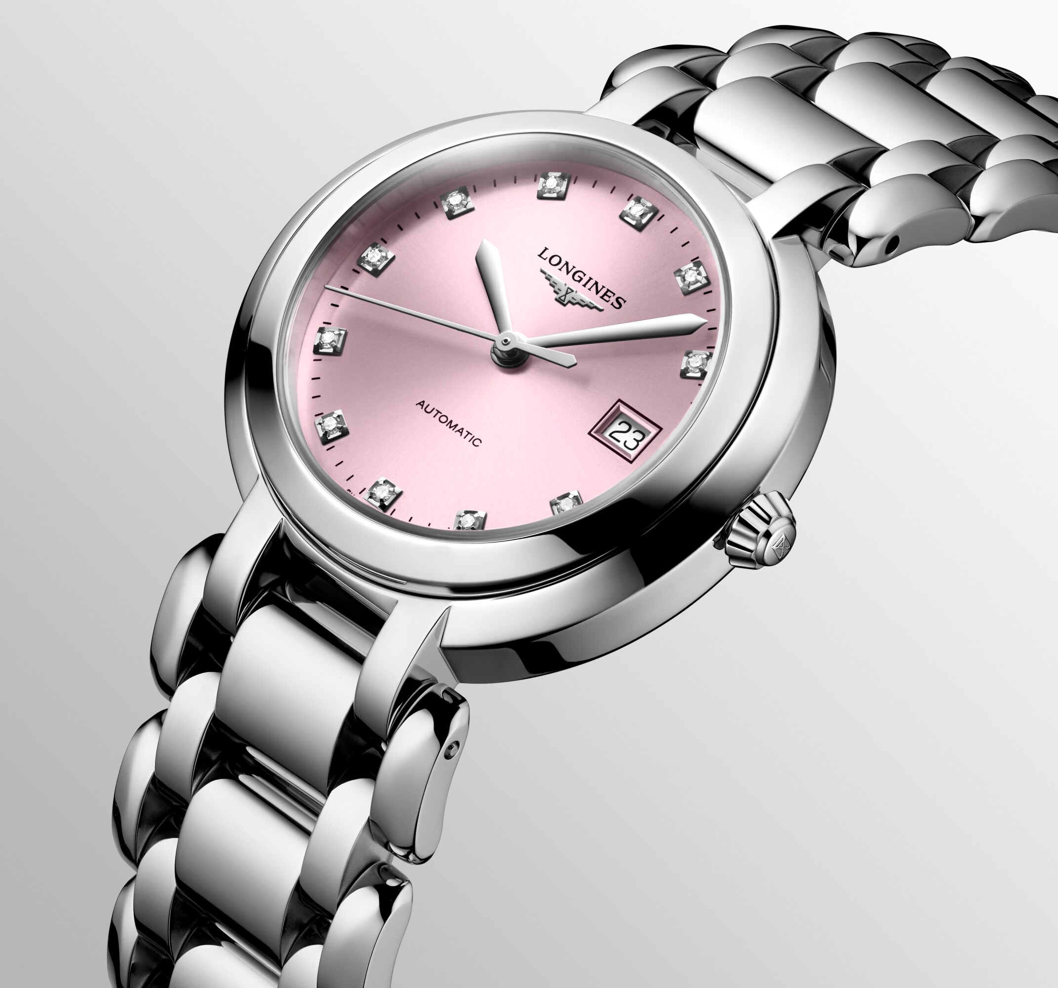 LONGINES PRIMALUNA Automatic, Stainless Steel, Sunray Pink Dial