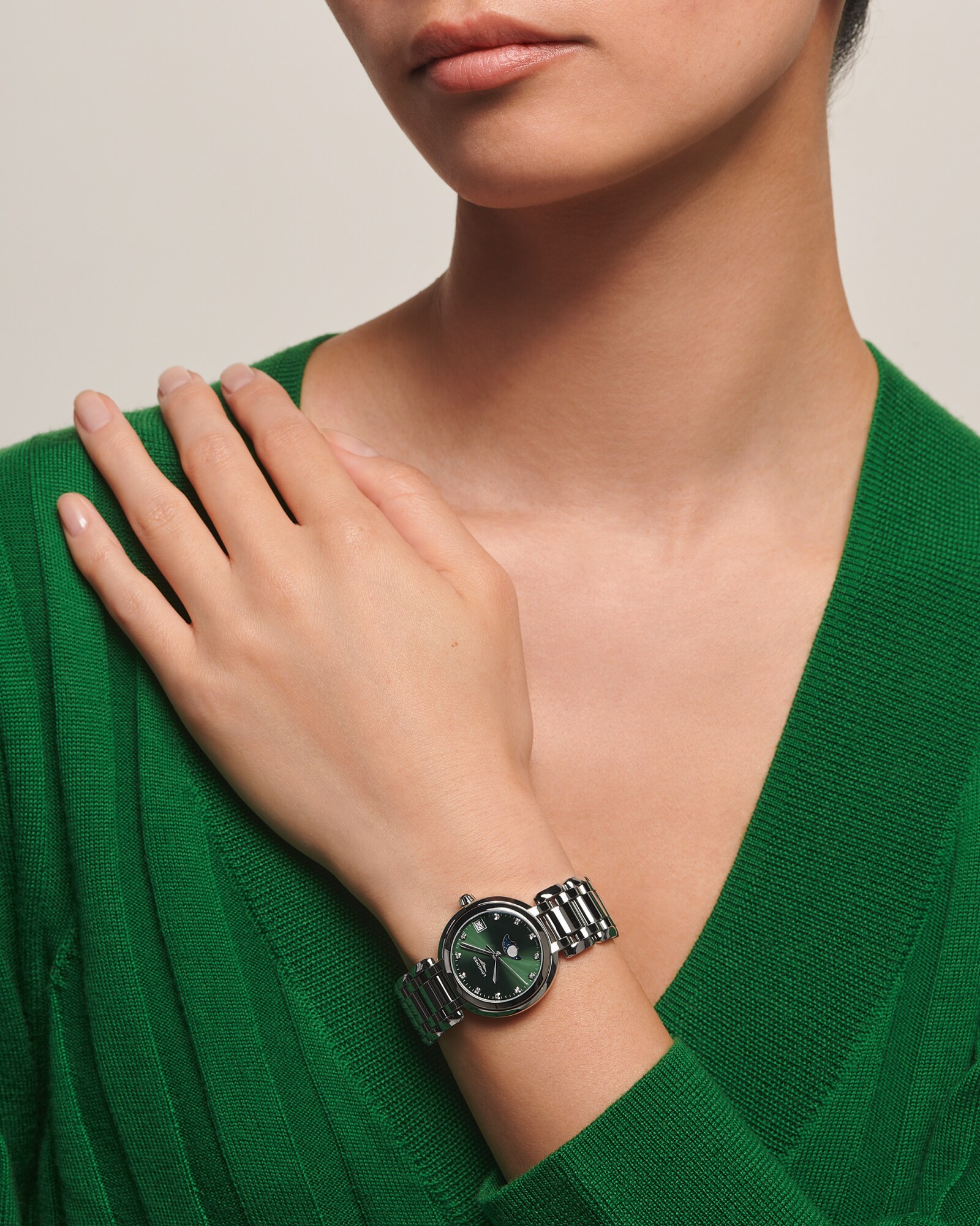 LONGINES PRIMALUNA MOONPHASE Quartz, Stainless Steel, Green Dial