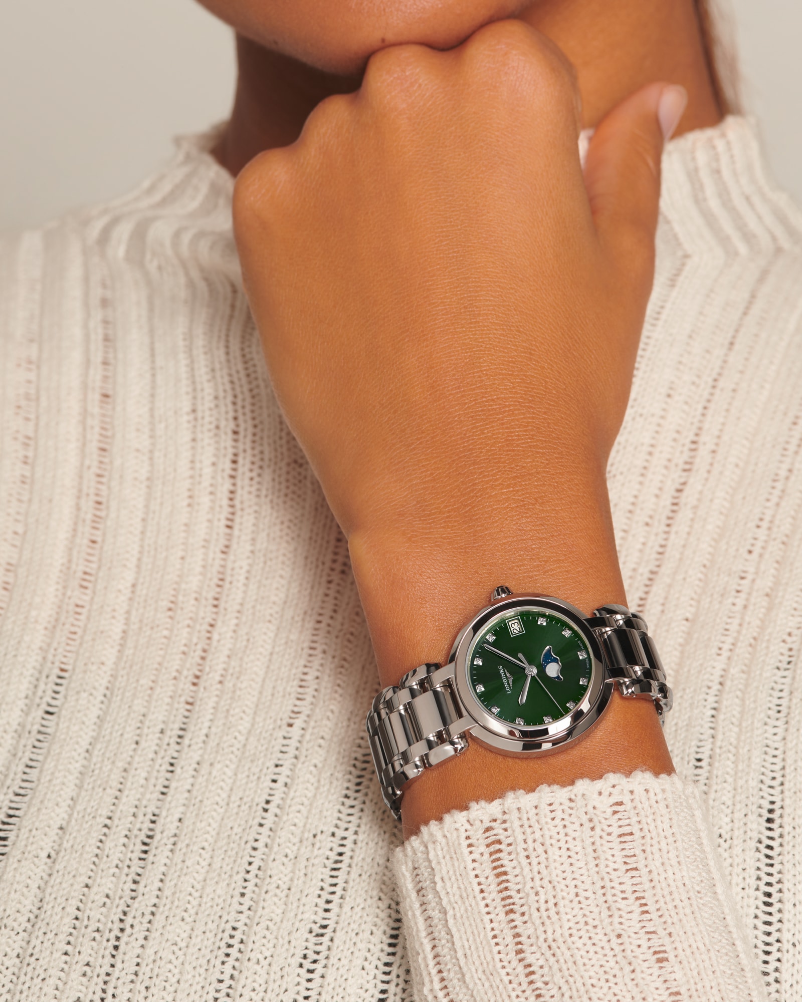 LONGINES PRIMALUNA MOONPHASE Quartz, Stainless Steel, Green Dial