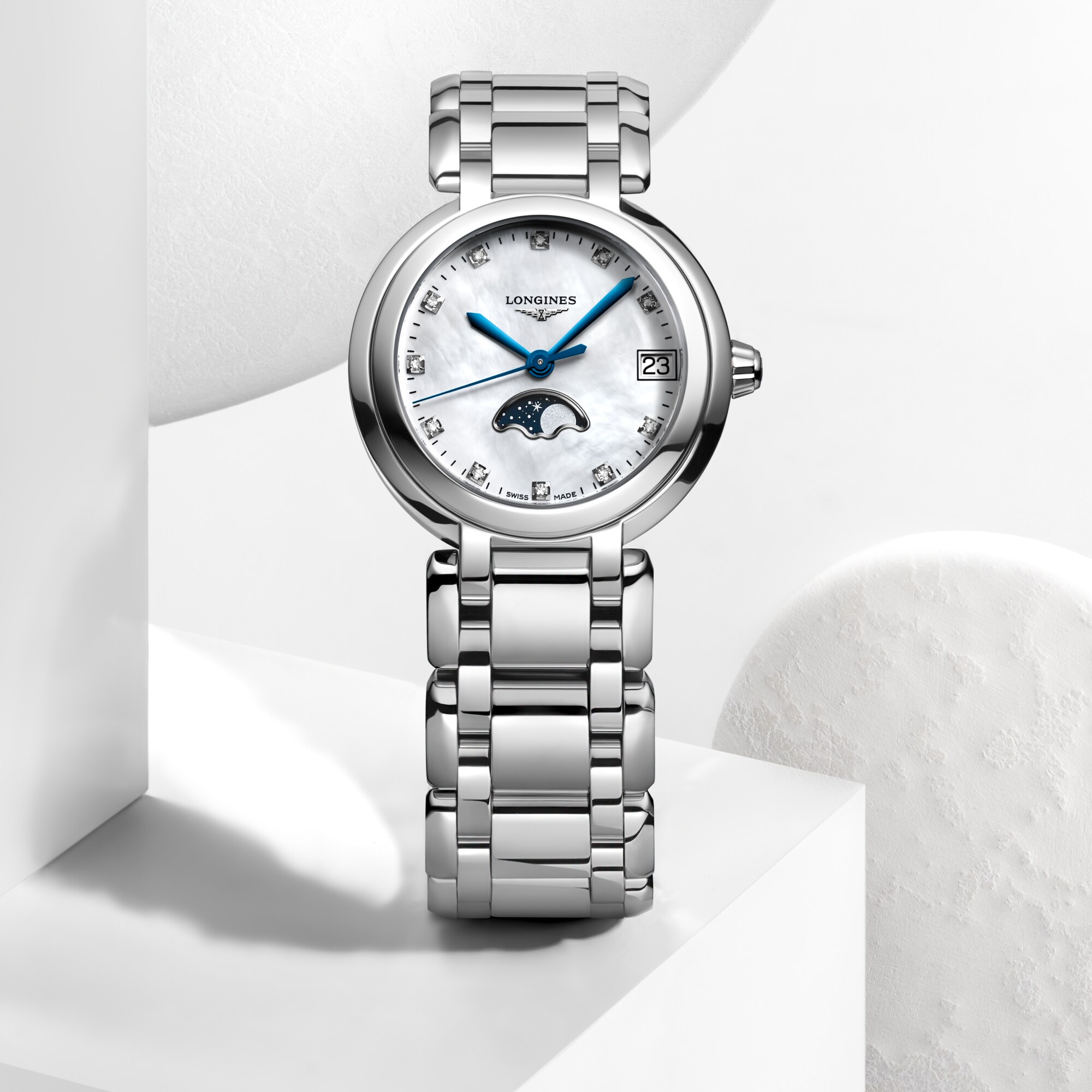 LONGINES PRIMALUNA MOONPHASE Quartz, Stainless Steel, White Mother