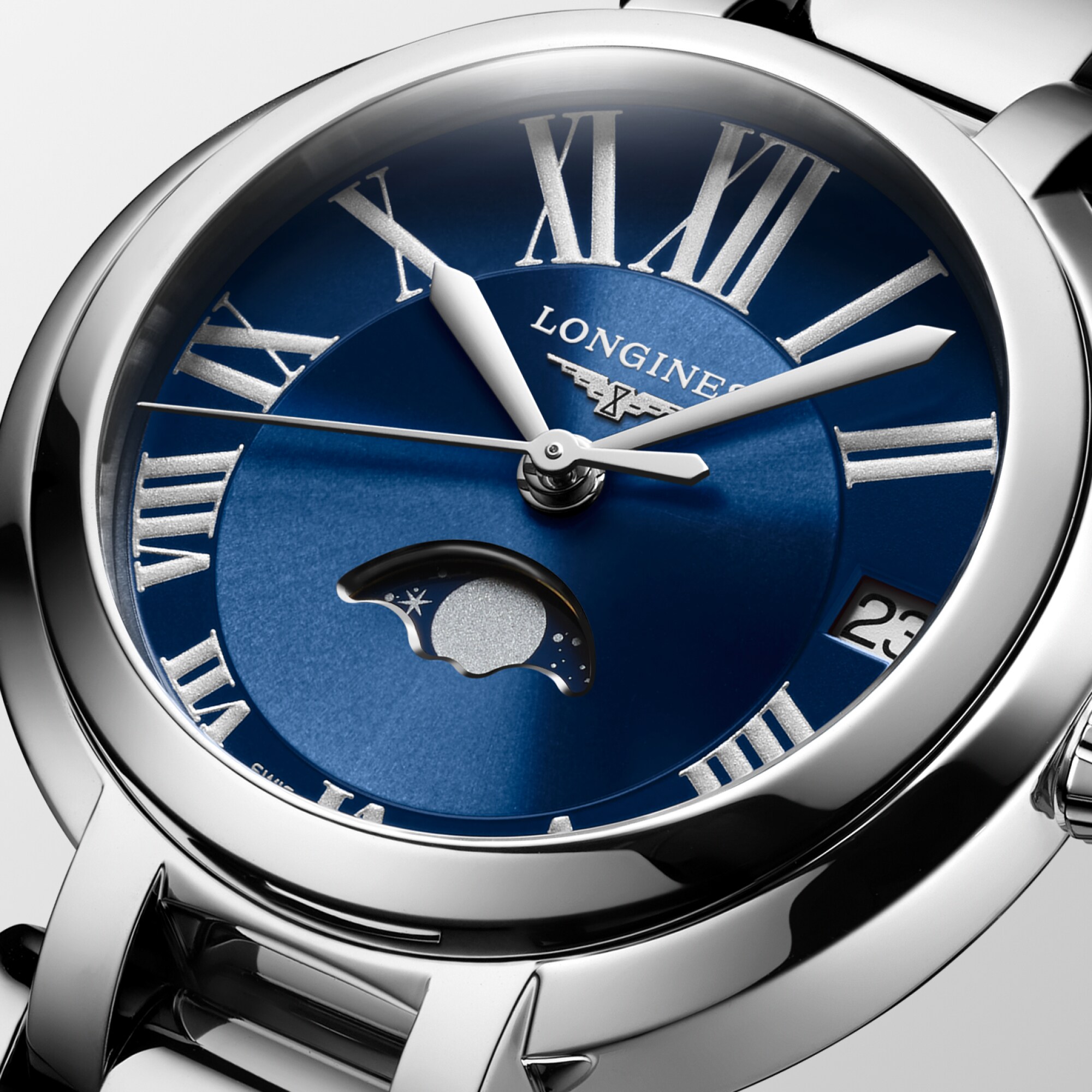 LONGINES PRIMALUNA MOONPHASE Quartz, Stainless Steel, Blue Dial
