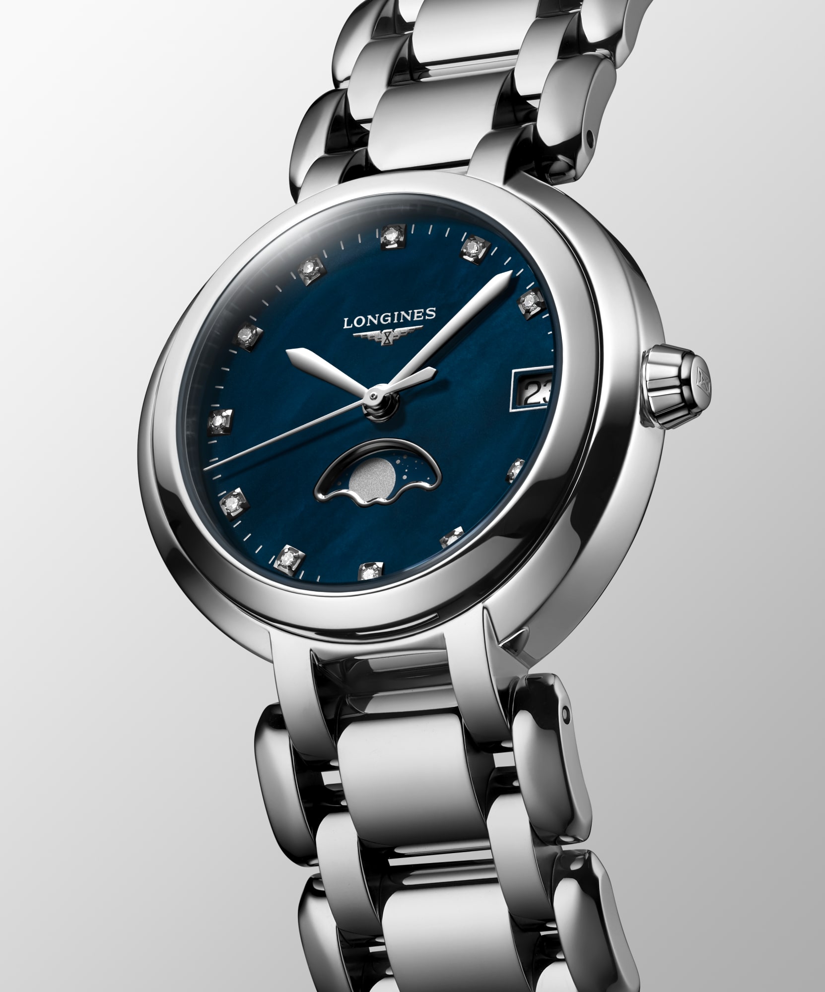 LONGINES PRIMALUNA MOONPHASE Quartz, Stainless Steel, Blue Mother