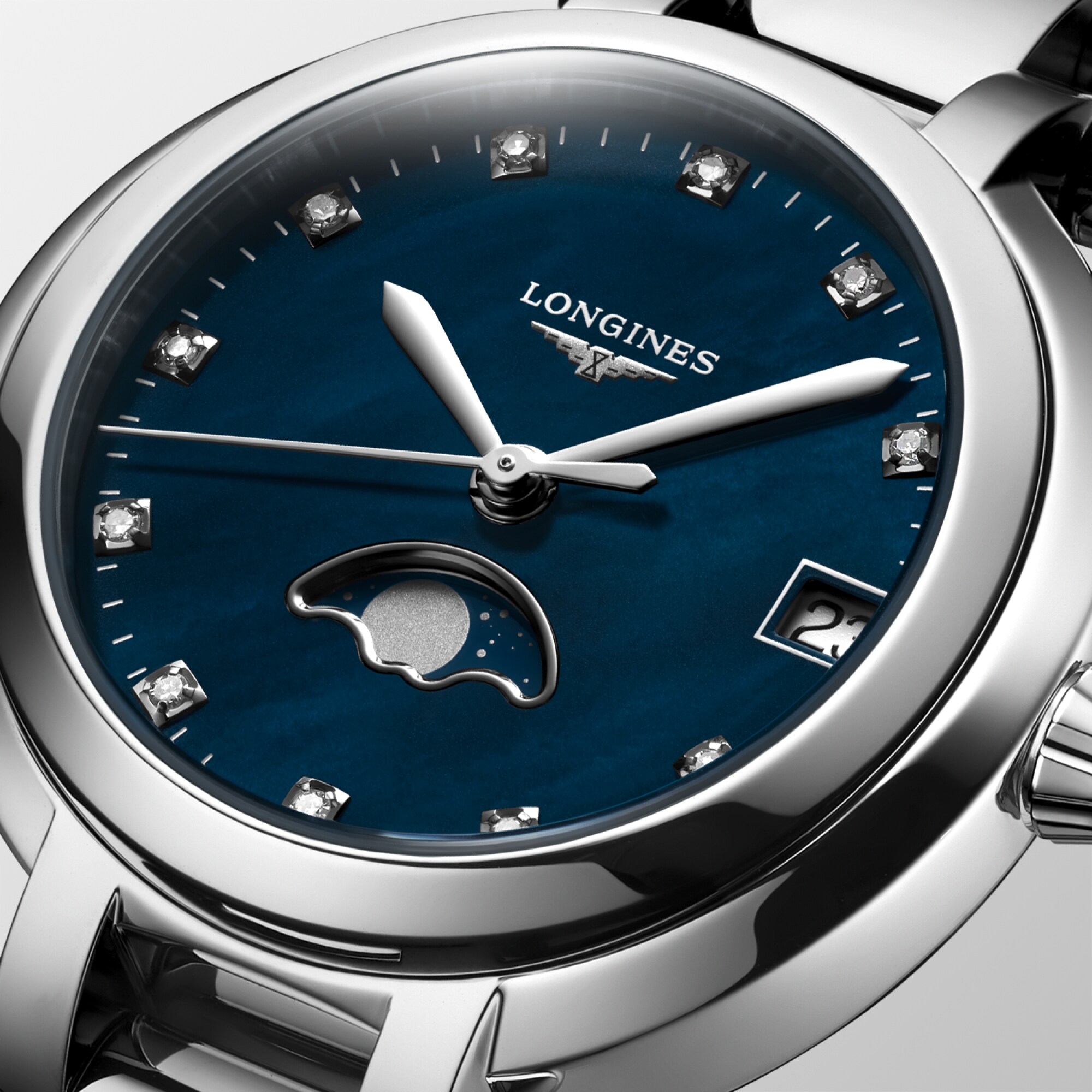 LONGINES PRIMALUNA MOONPHASE Quartz, Stainless Steel, Blue Mother