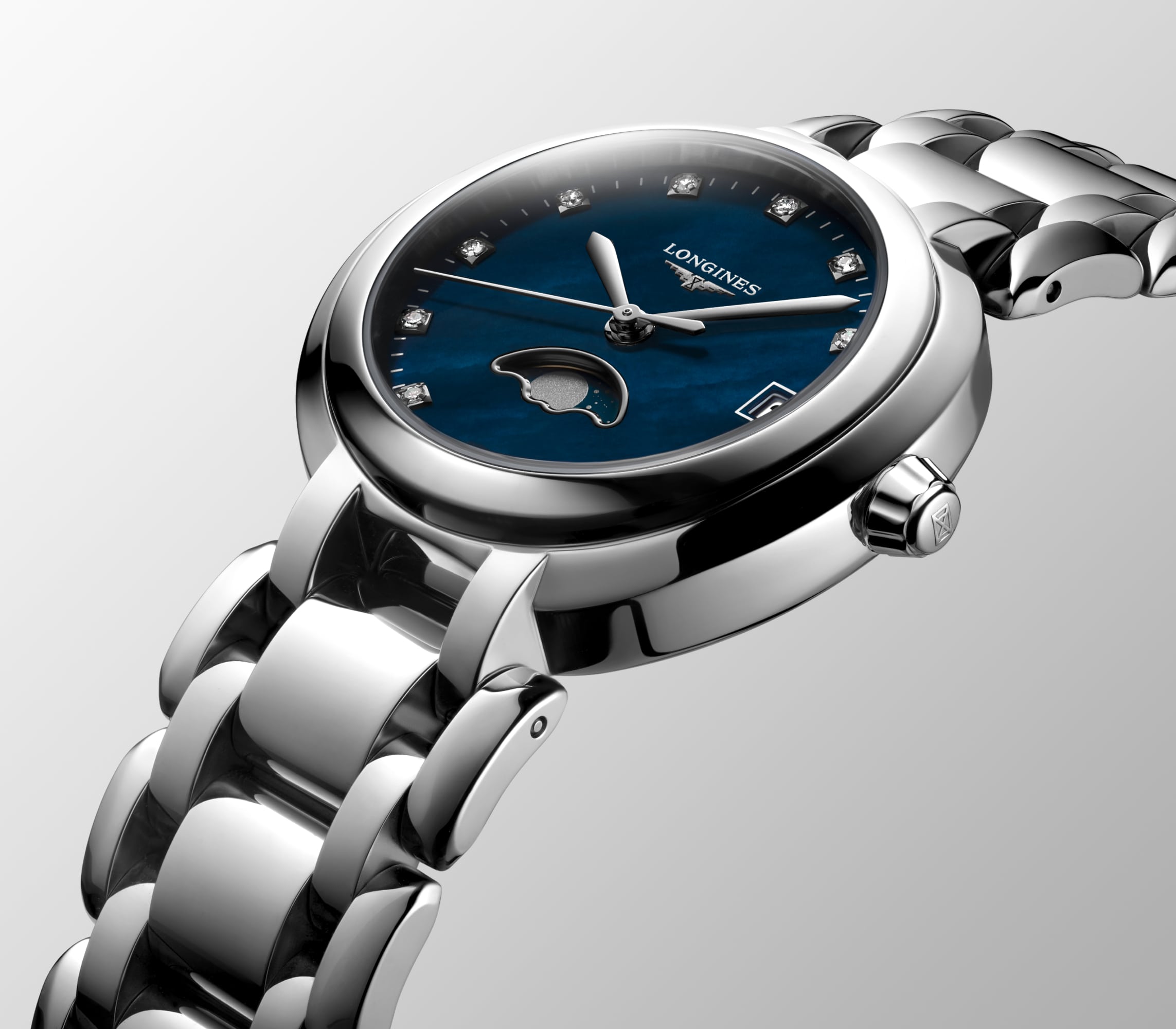 LONGINES PRIMALUNA MOONPHASE Quartz, Stainless Steel, Blue Mother