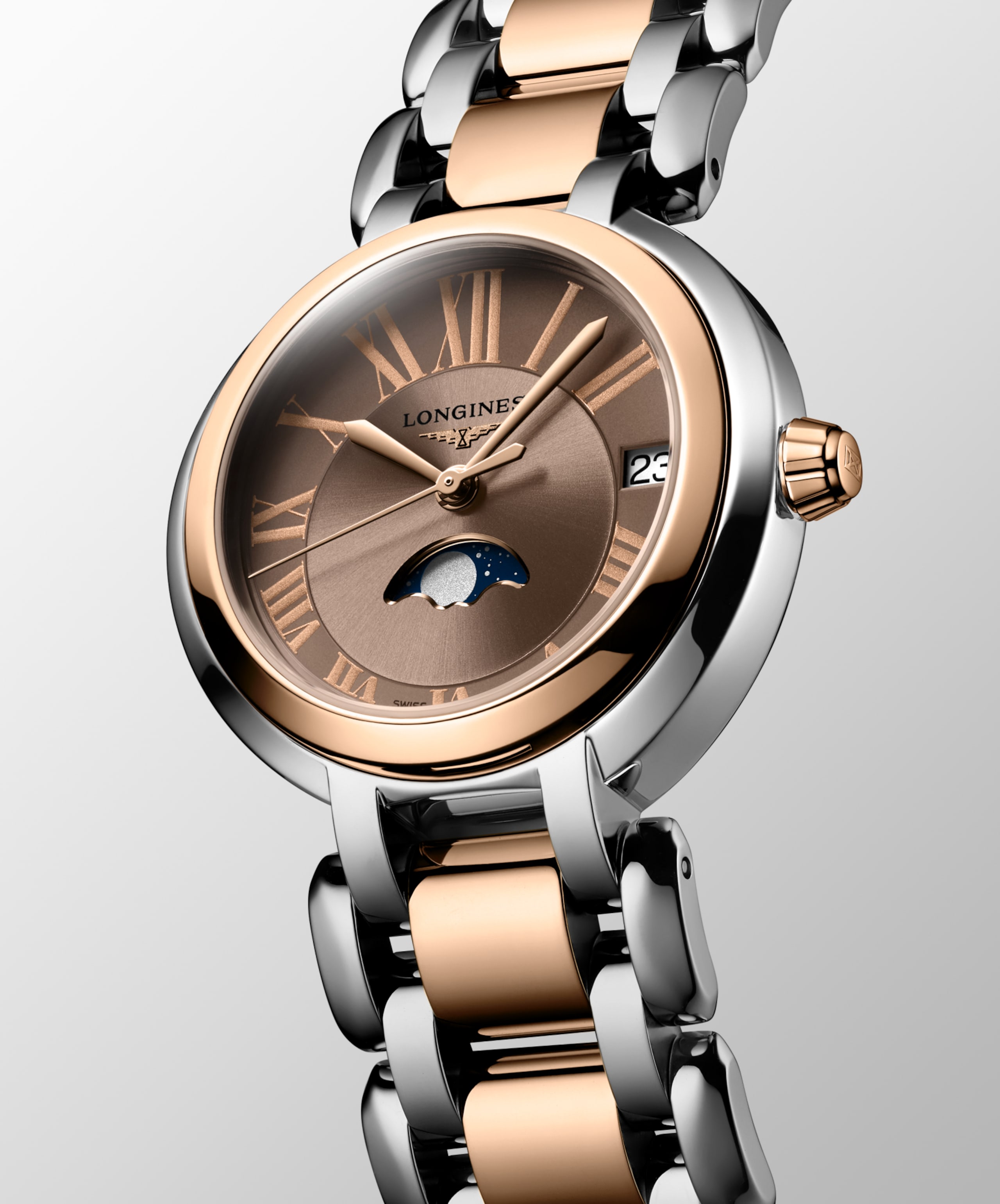 Longines PRIMALUNA MOONPHASE quartz acier et coiffe en or rose 18 carats 200 microns Watch - L8.115.5.61.7
