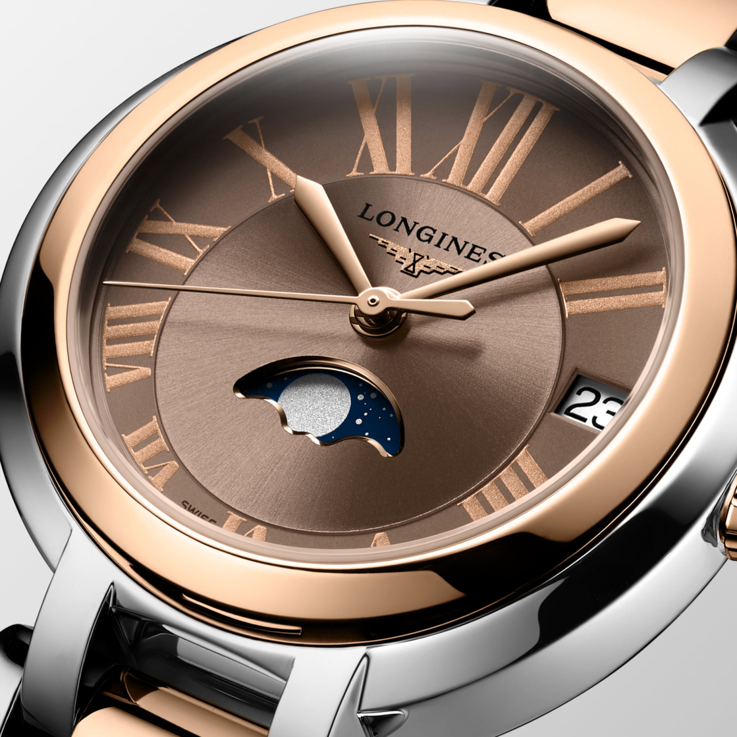 Longines PRIMALUNA MOONPHASE quartz acier et coiffe en or rose 18 carats 200 microns Watch - L8.115.5.61.7