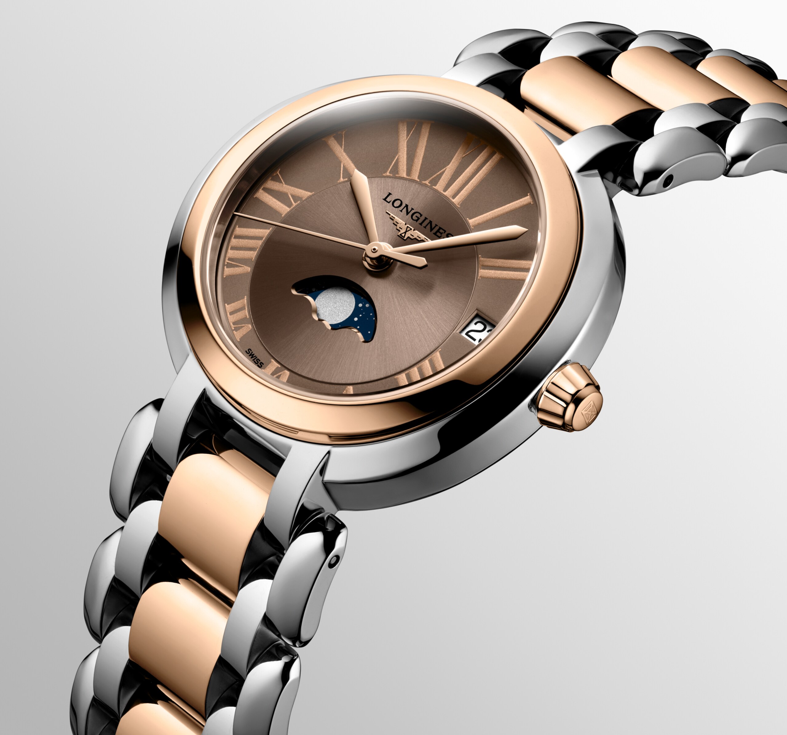 Longines PRIMALUNA MOONPHASE quartz acier et coiffe en or rose 18 carats 200 microns Watch - L8.115.5.61.7