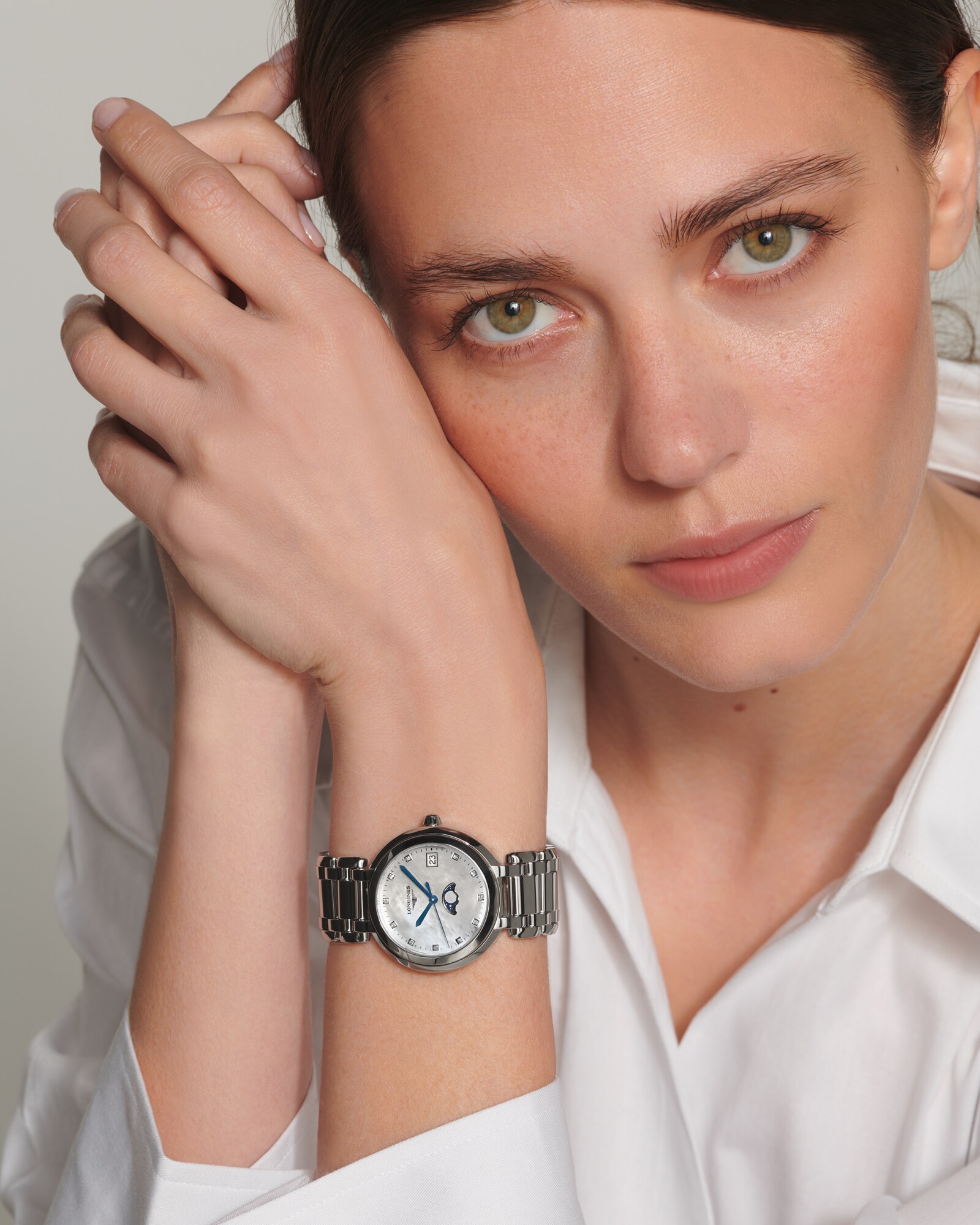 LONGINES PRIMALUNA MOONPHASE Quartz, Stainless Steel, White Mother