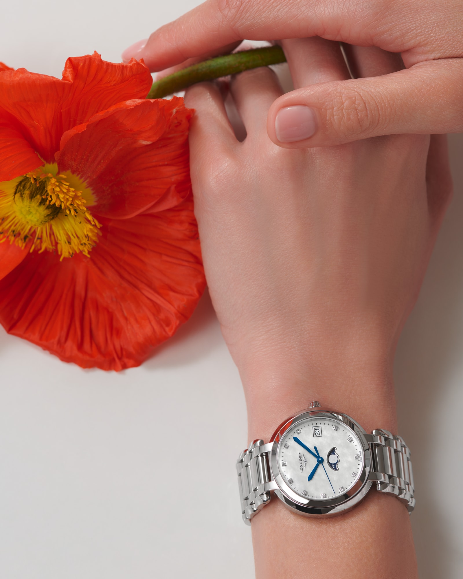 LUNA LONGINES PRIMALUNA MOONPHASE Quartz, Paslanmaz Çelik, Beyaz Sedef