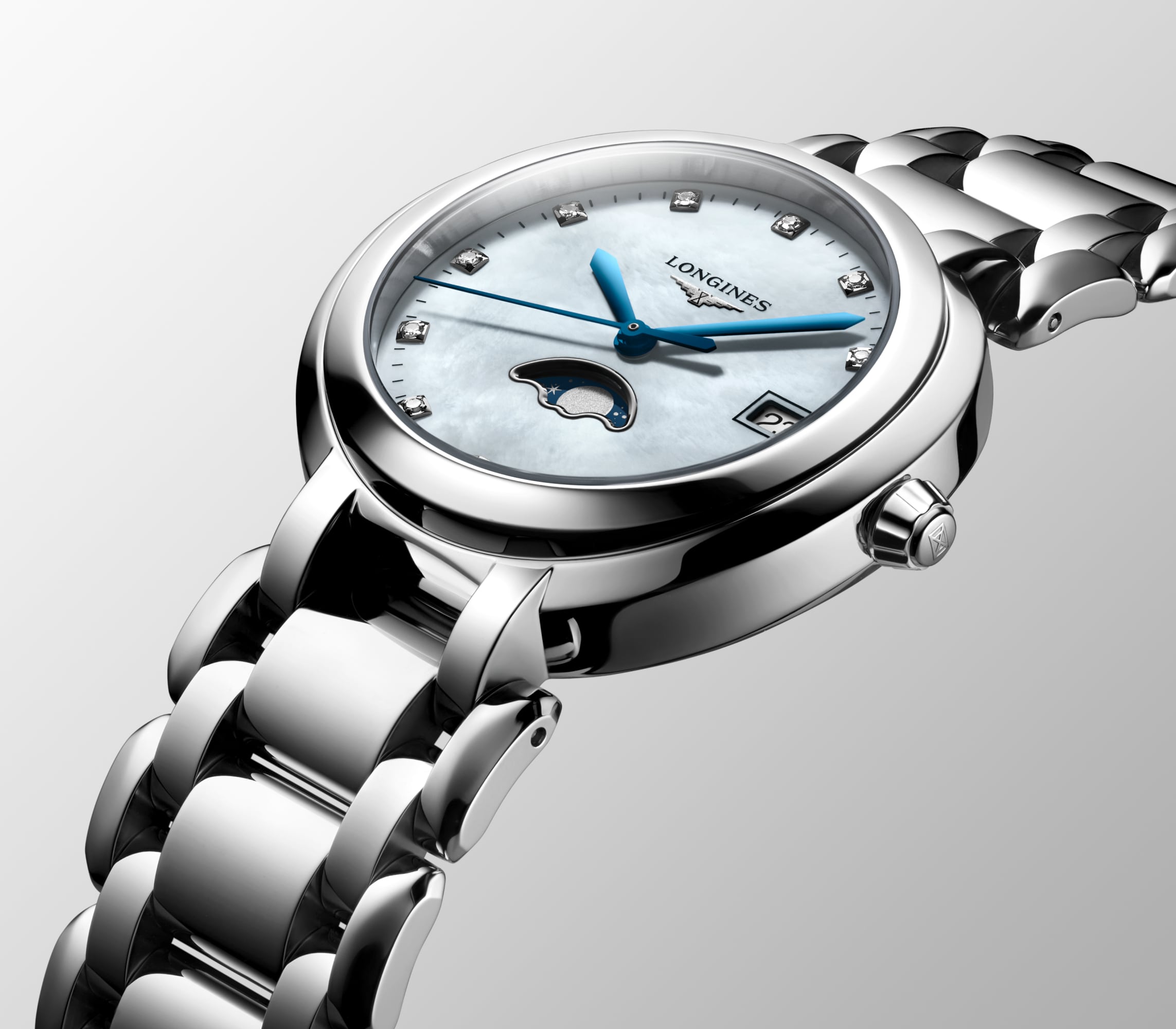 LUNA LONGINES PRIMALUNA MOONPHASE Quartz, Stainless Steel, White Mother