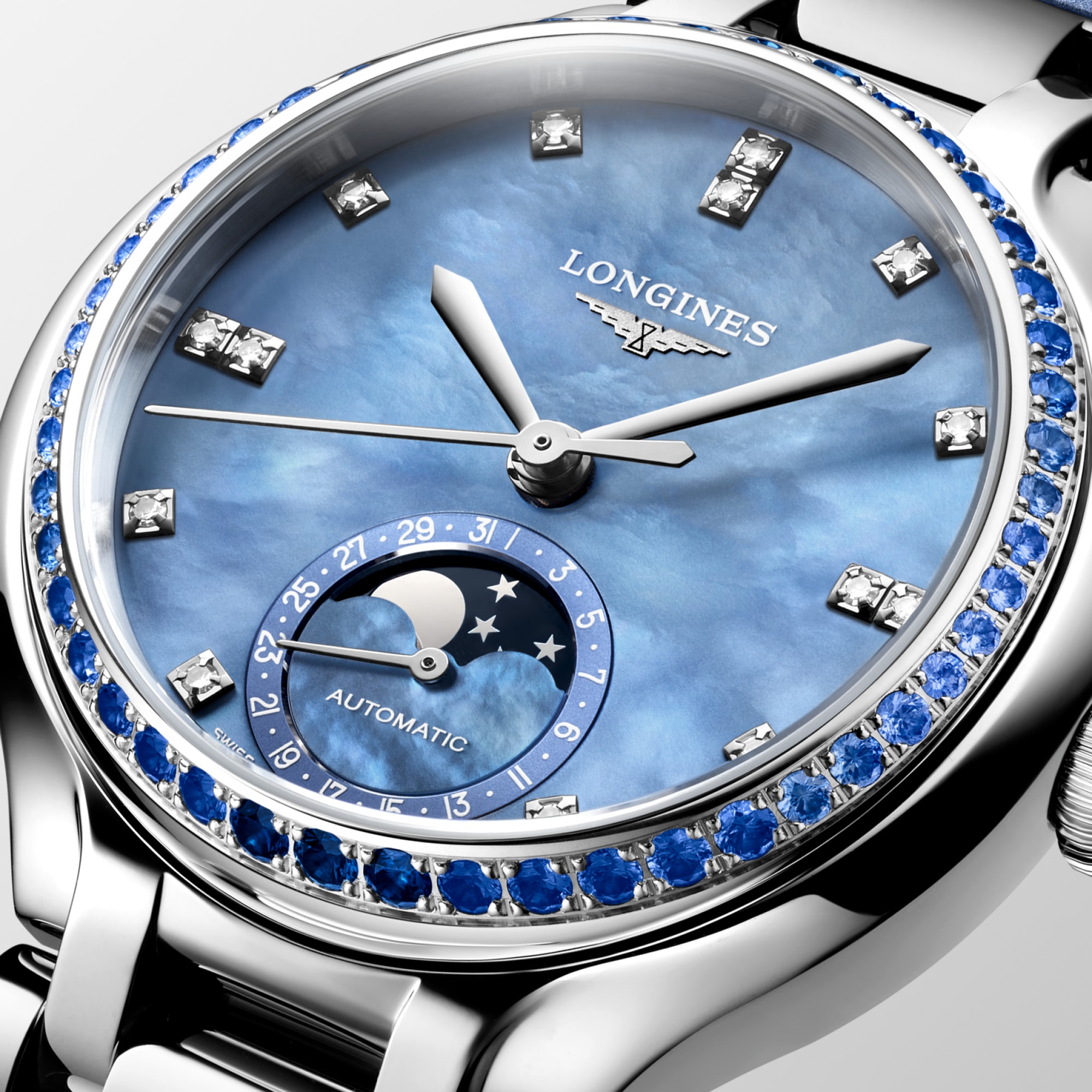 【RAJAS】 アピナールソープ アルファ✕２ LONGINES PRIMALUNA MOONPHASE Automatic, Stainless Steel, Blue