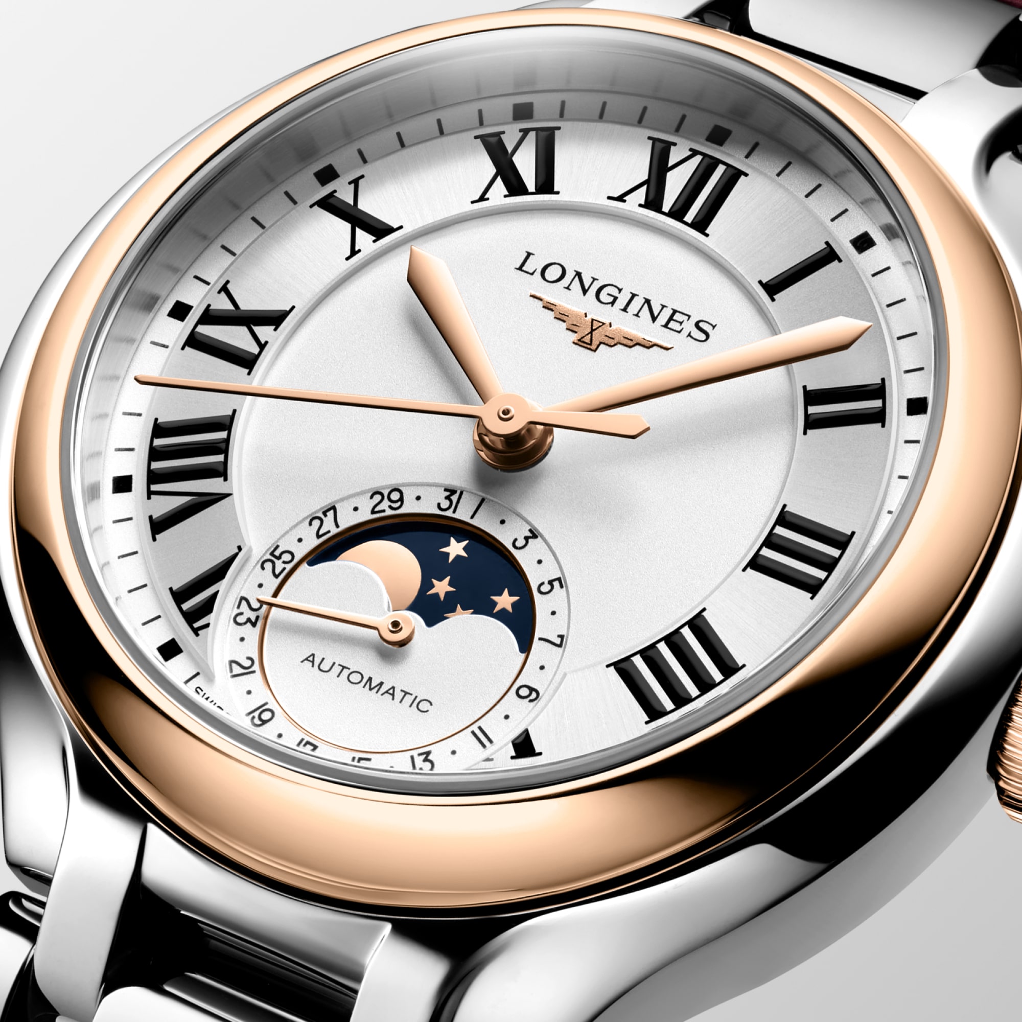 LONGINES PRIMALUNA MOONPHASE Automatic, Stainless Steel And Rose