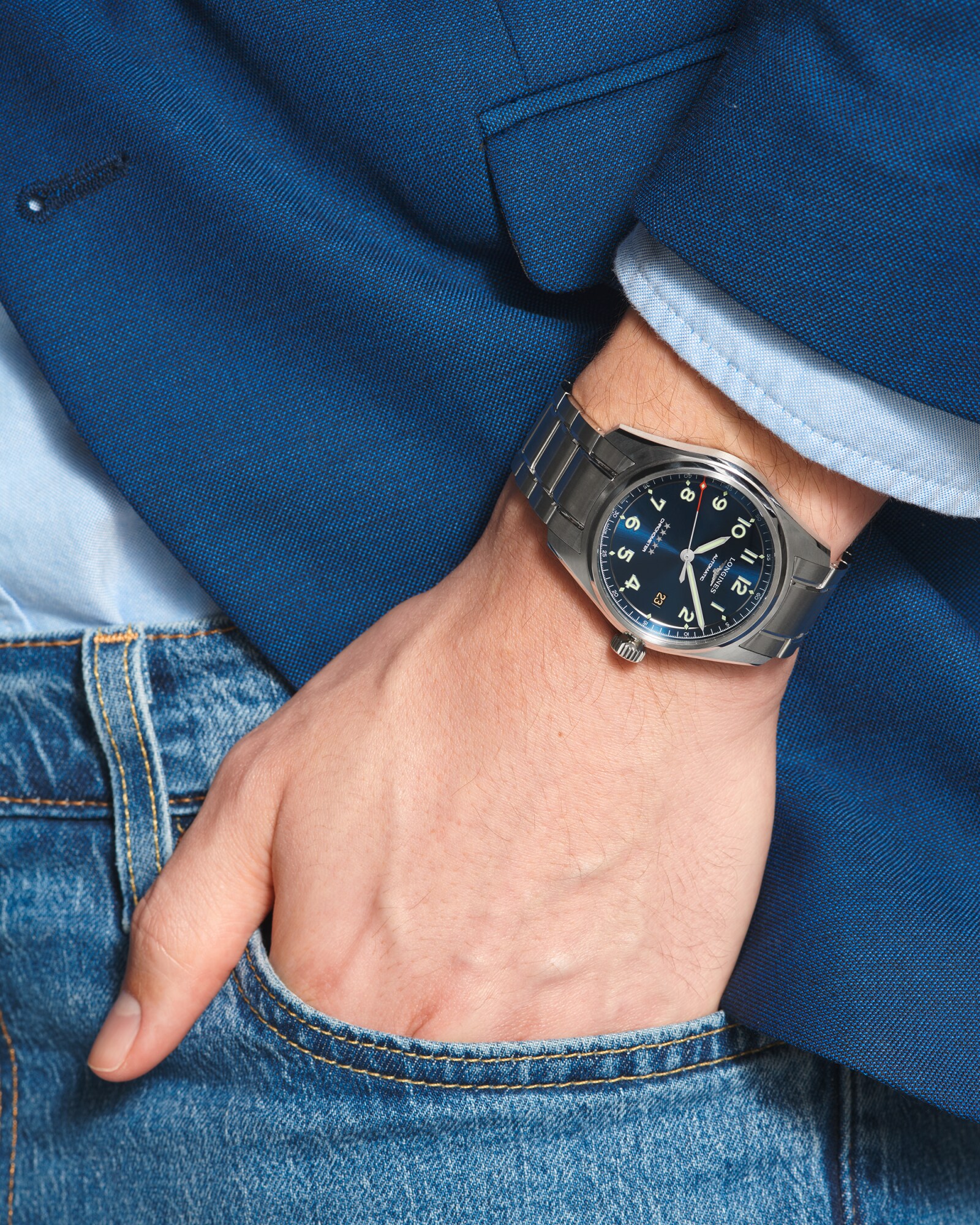 ロンジン スピリット 自動巻、ステンレススティール、ブルー「サンレイ