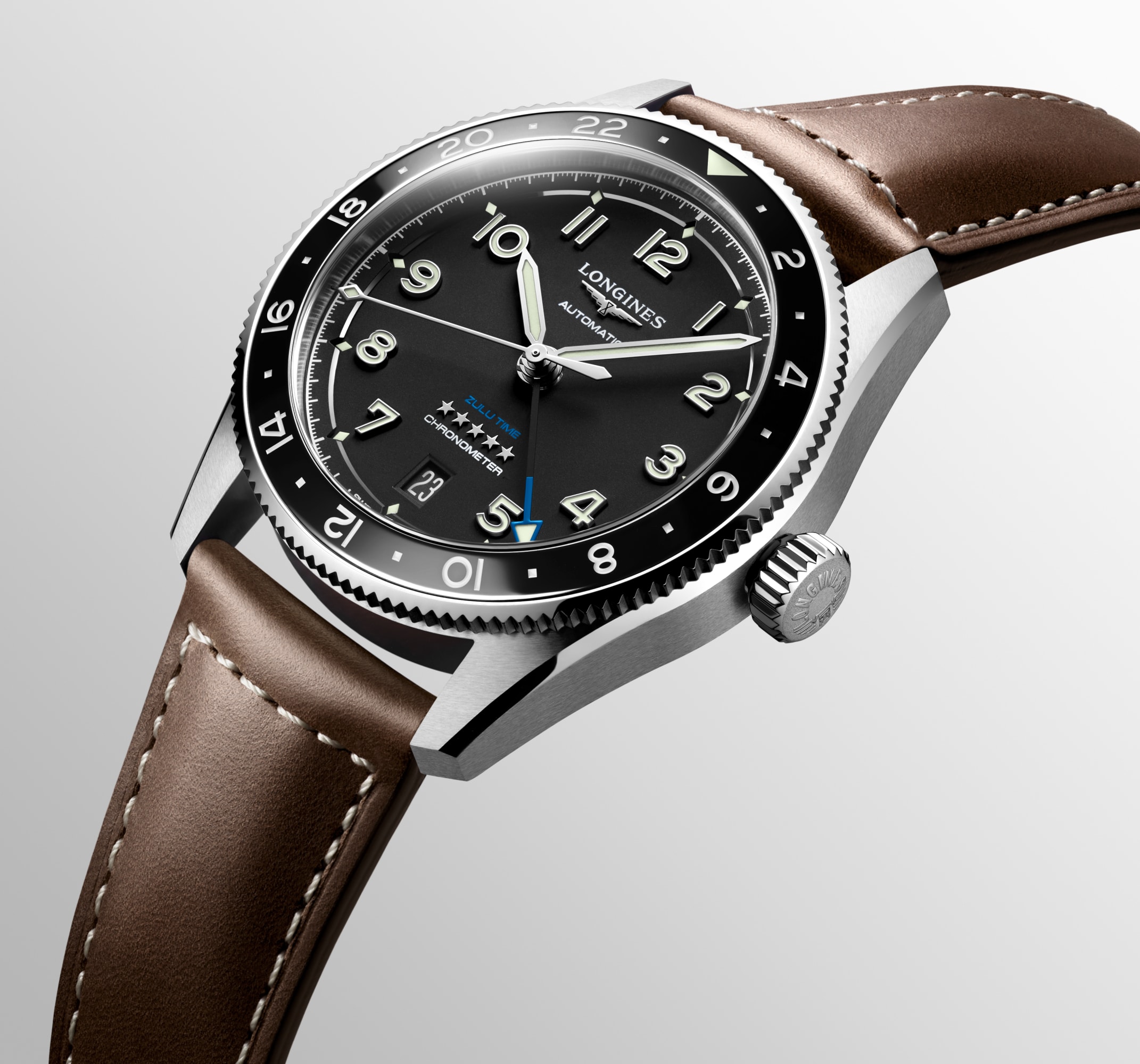 LONGINES SPIRIT ZULU TIME 自動巻、ステンレススティールと