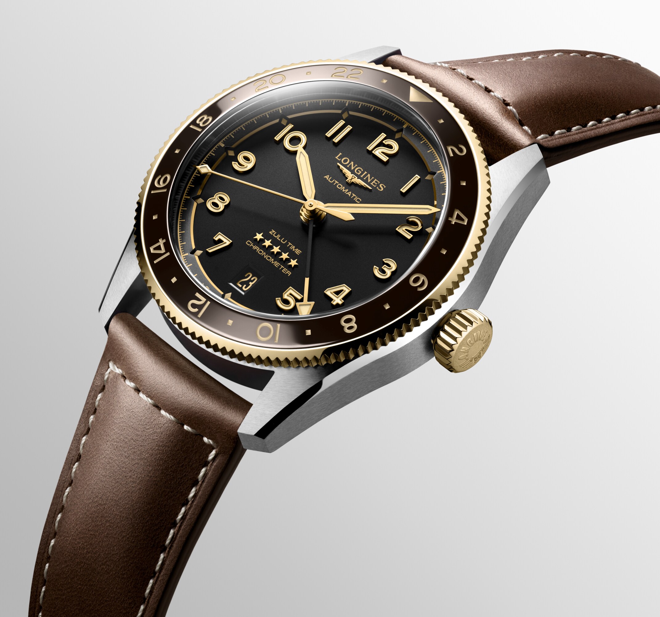 LONGINES SPIRIT ZULU TIME Automatic, Stainless Steel And 18