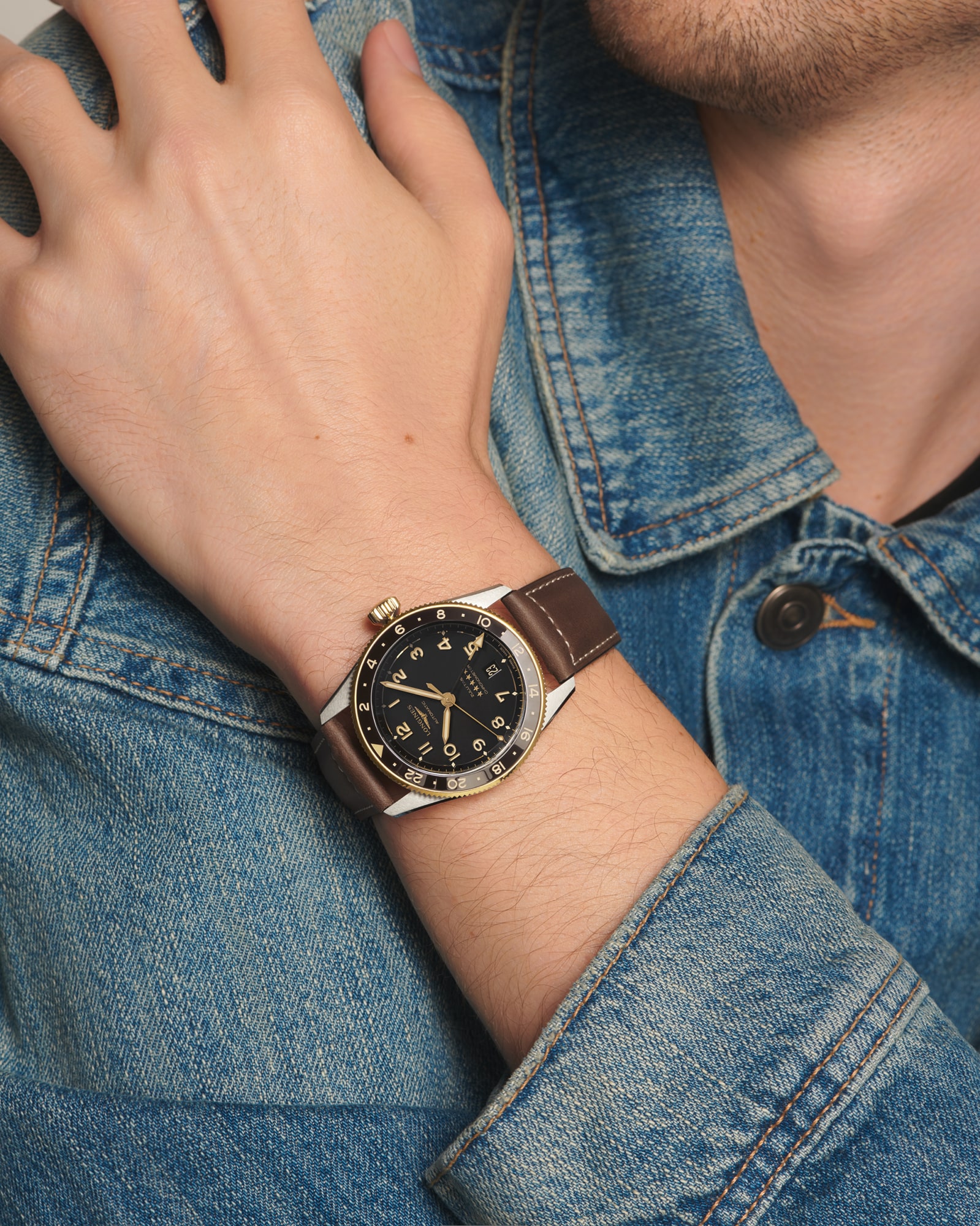 LONGINES SPIRIT ZULU TIME 自動巻、ステンレススチール&18kイエロー