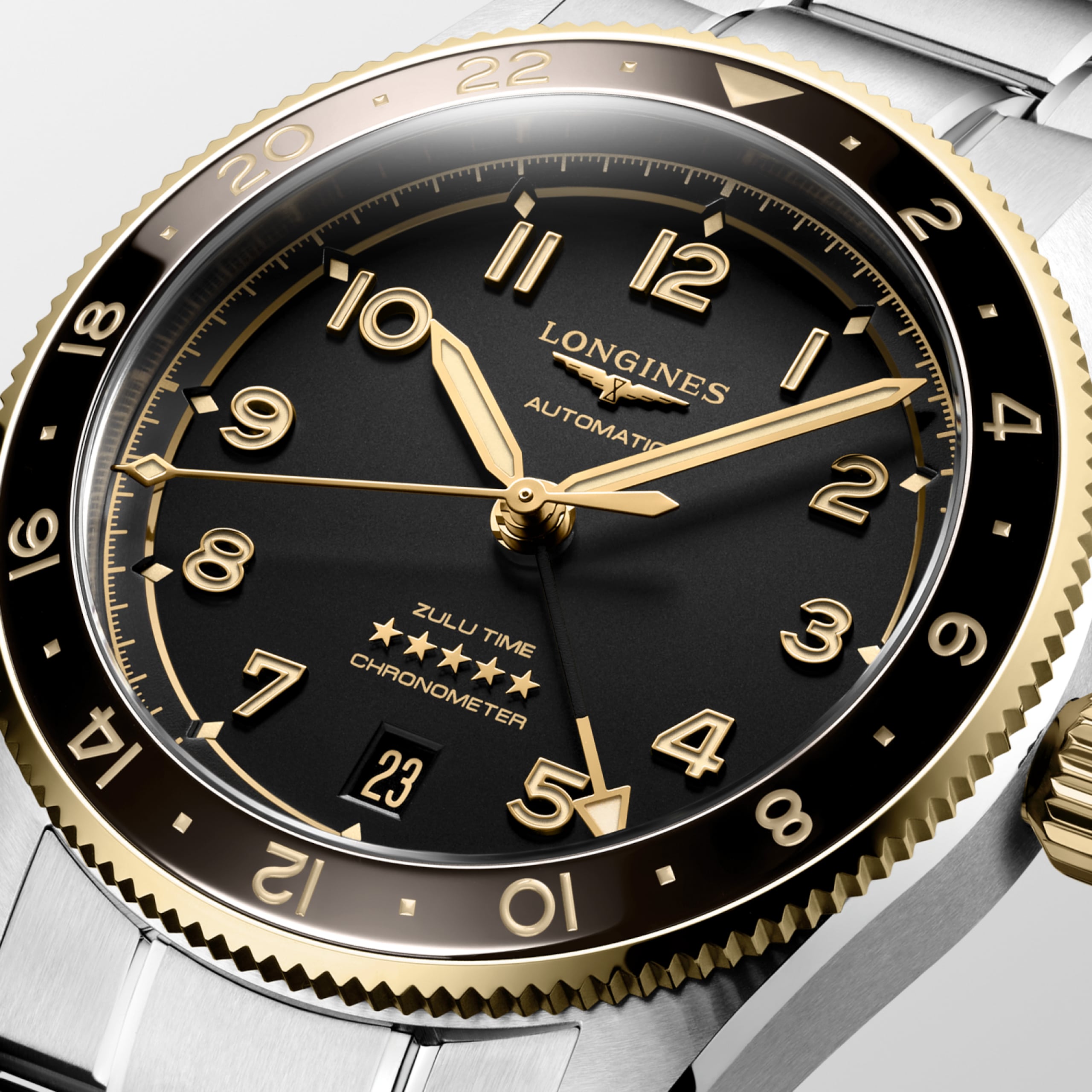 Longines SPIRIT ZULU TIME automatic stainless steel and 18 karat yellow gold cap 200 Watch - L3.802.5.53.6