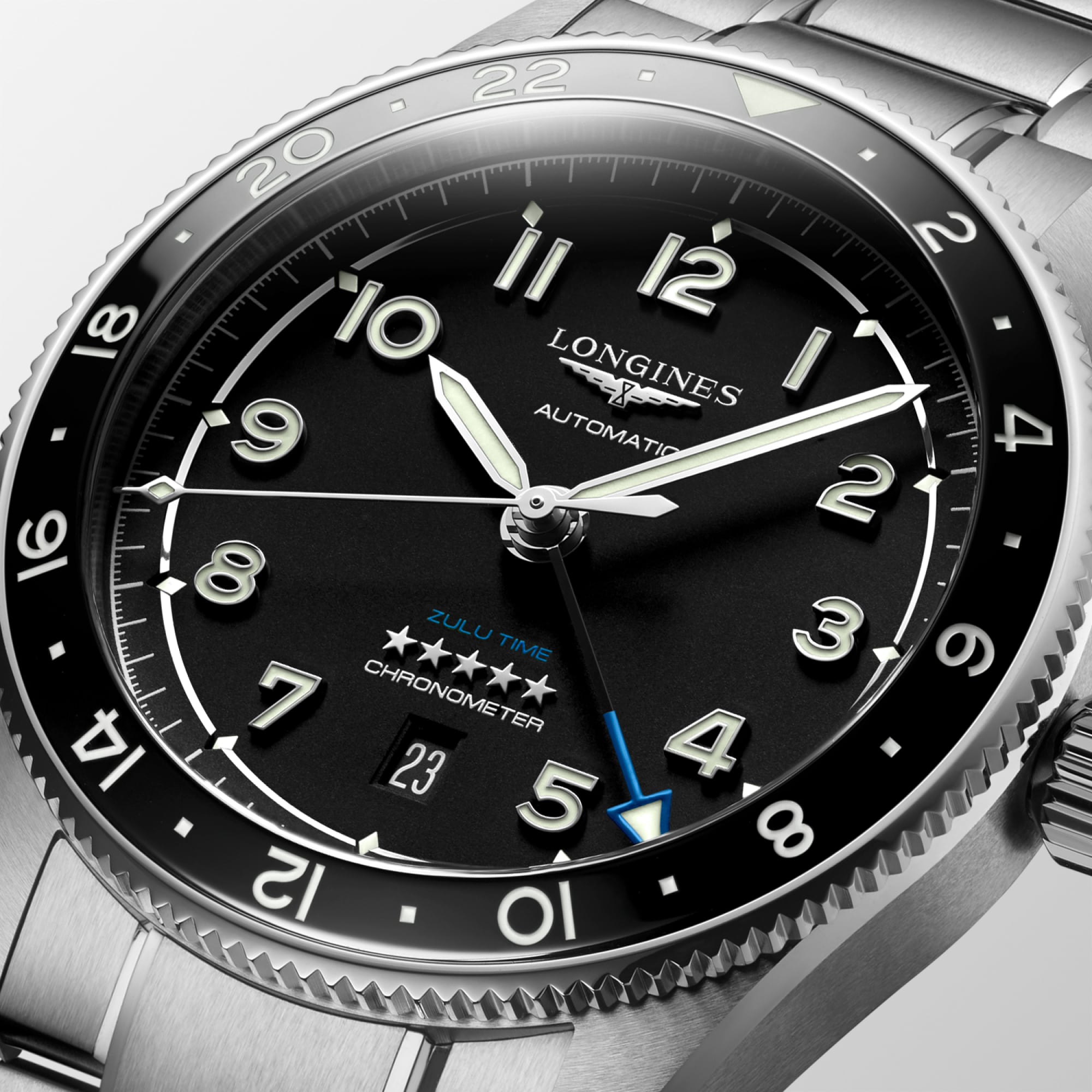 LONGINES SPIRIT ZULU TIME 自動巻、ステンレススティールとセラミック