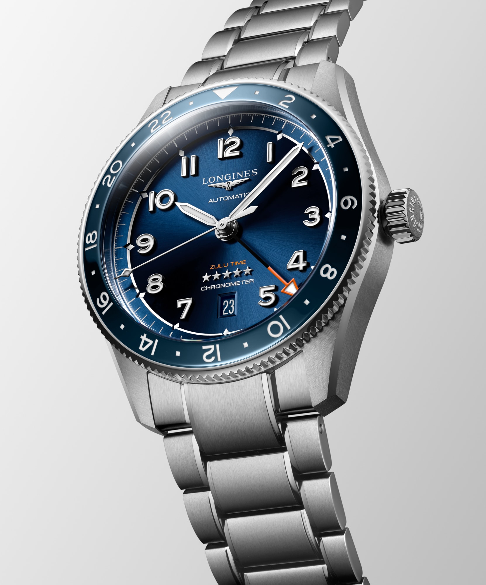 LONGINES SPIRIT ZULU TIME 自動巻、ステンレススティールと