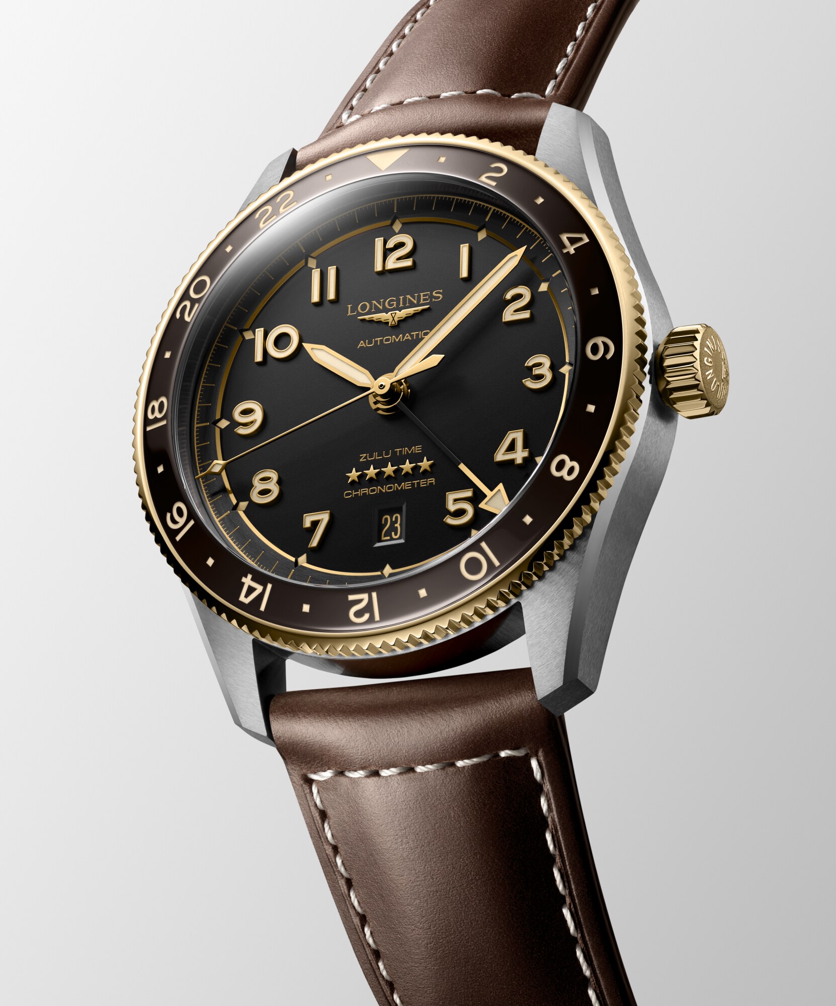 LONGINES SPIRIT ZULU TIME Automatic, Stainless Steel And 18