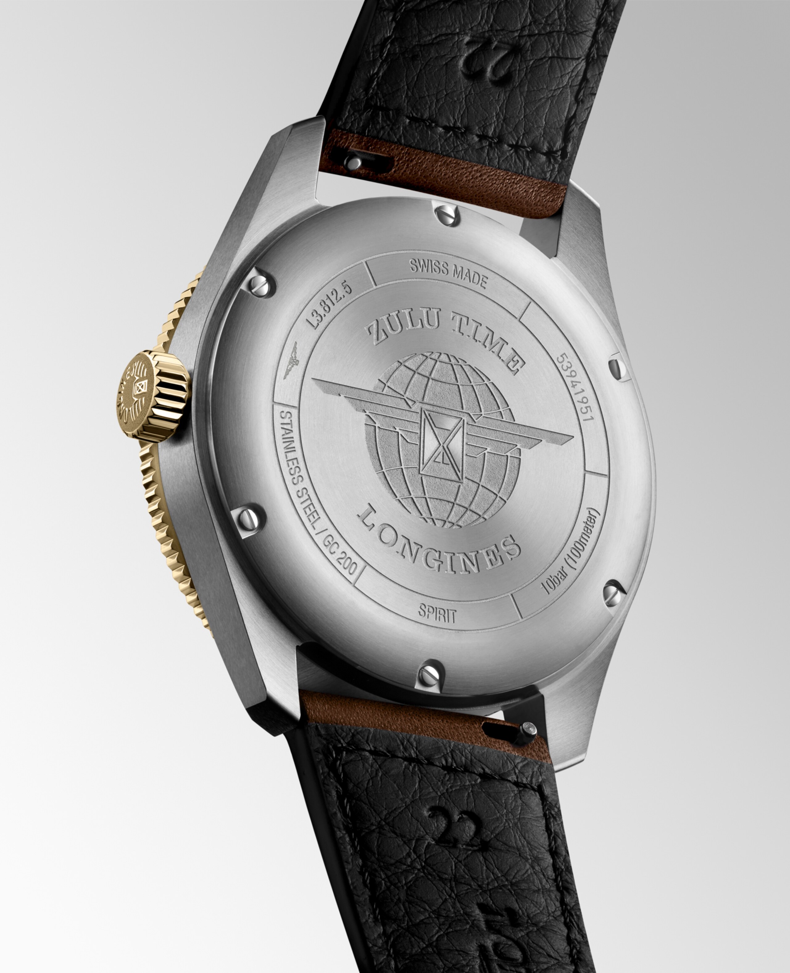 Longines SPIRIT ZULU TIME automatic stainless steel and 18 karat yellow gold cap 200 Watch - L3.812.5.53.2