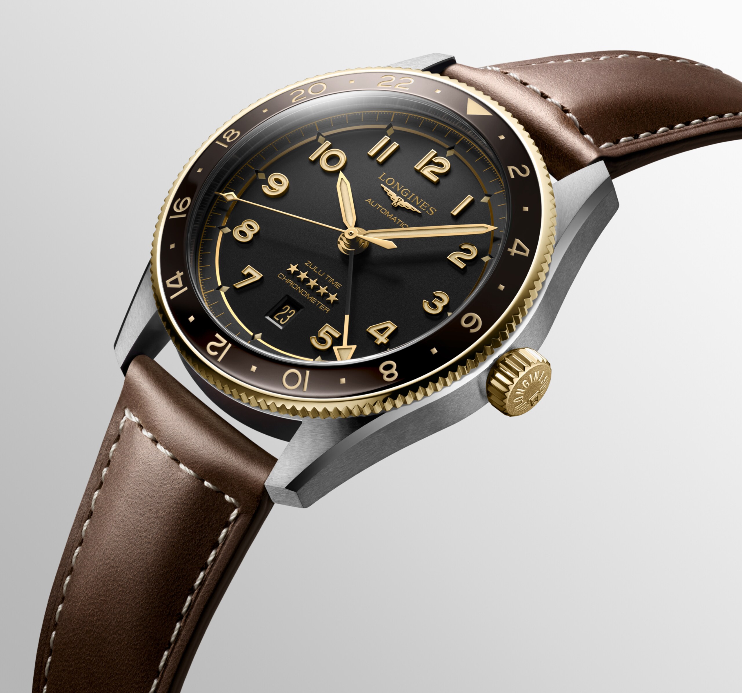 Longines SPIRIT ZULU TIME automatic stainless steel and 18 karat yellow gold cap 200 Watch - L3.812.5.53.2