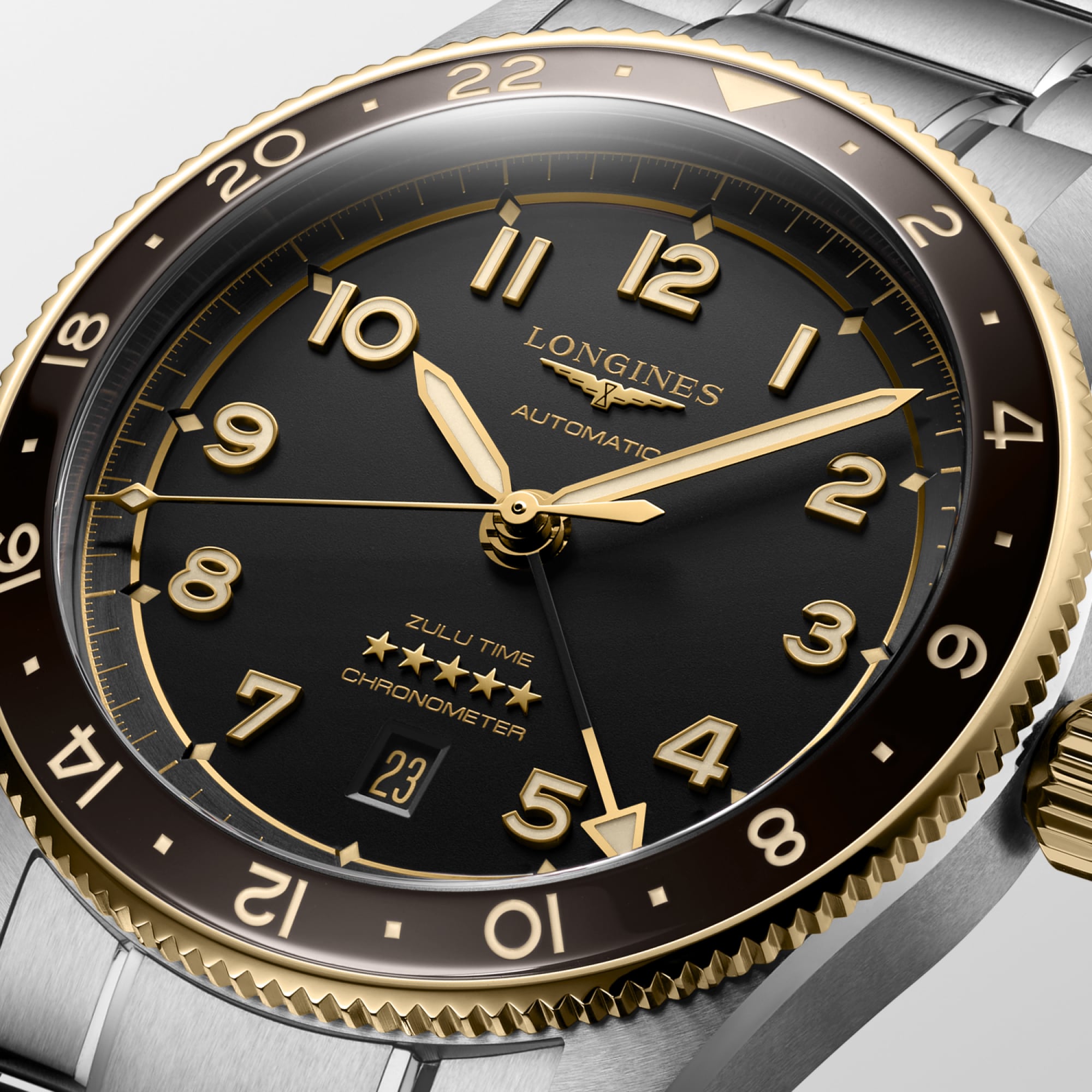 LONGINES SPIRIT ZULU TIME Automatic, Stainless Steel And 18 Karat