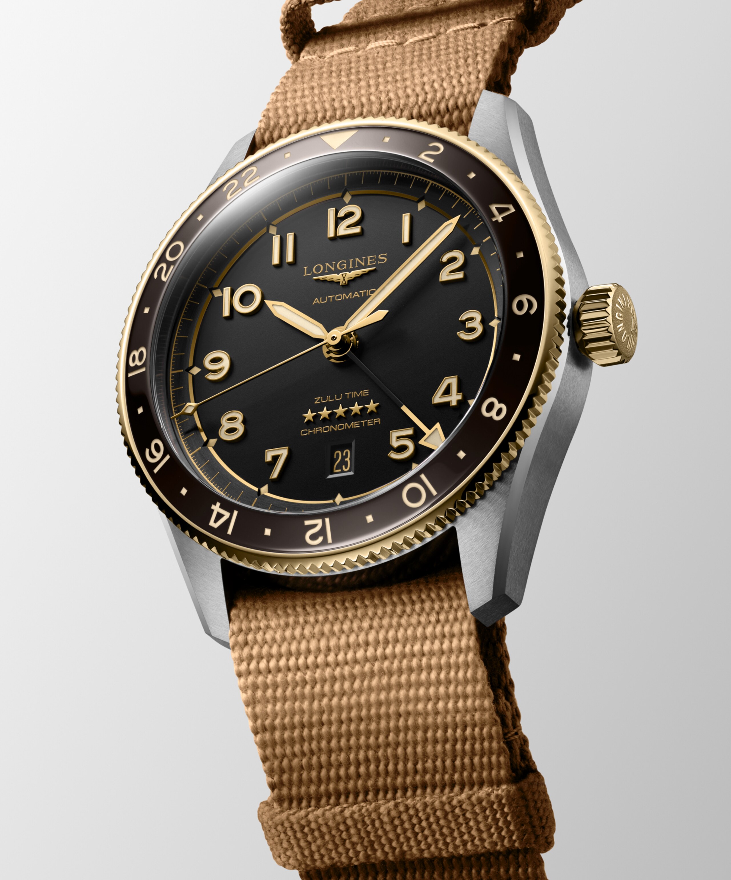 Longines SPIRIT ZULU TIME automatic stainless steel and 18 karat yellow gold cap 200 Watch - L3.812.5.53.9