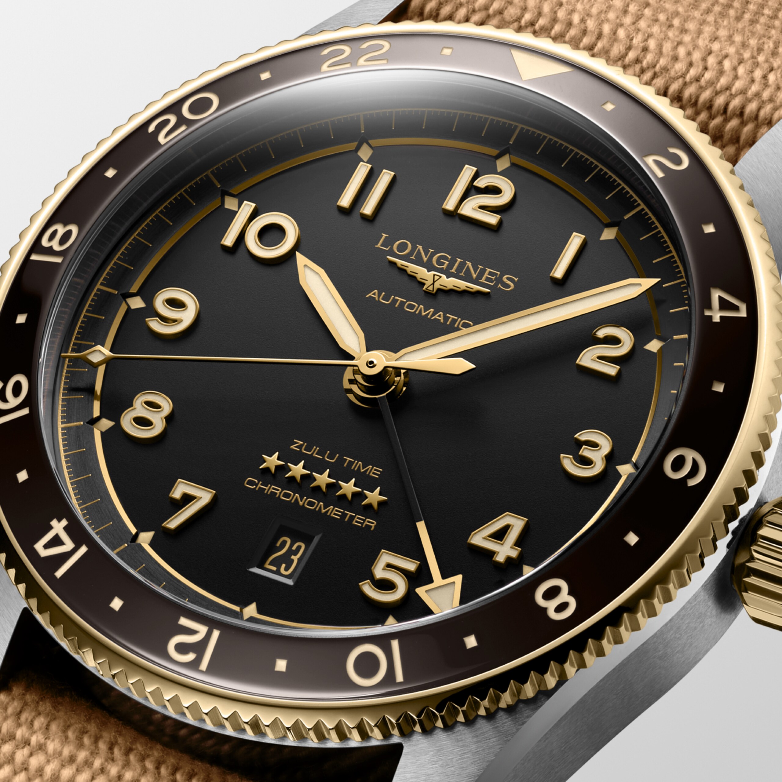 Longines SPIRIT ZULU TIME automatic stainless steel and 18 karat yellow gold cap 200 Watch - L3.812.5.53.9