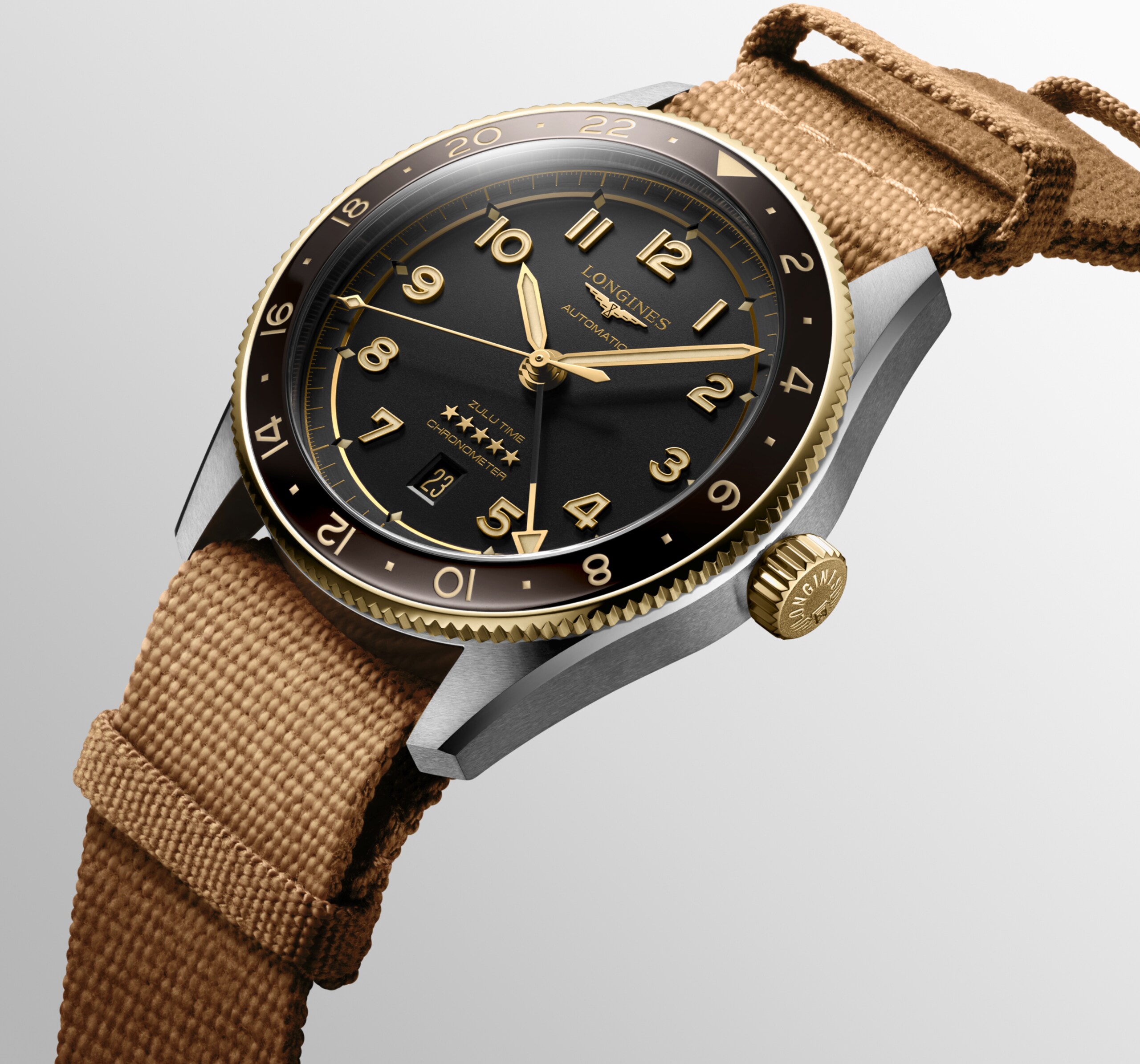 Longines SPIRIT ZULU TIME automatic stainless steel and 18 karat yellow gold cap 200 Watch - L3.812.5.53.9