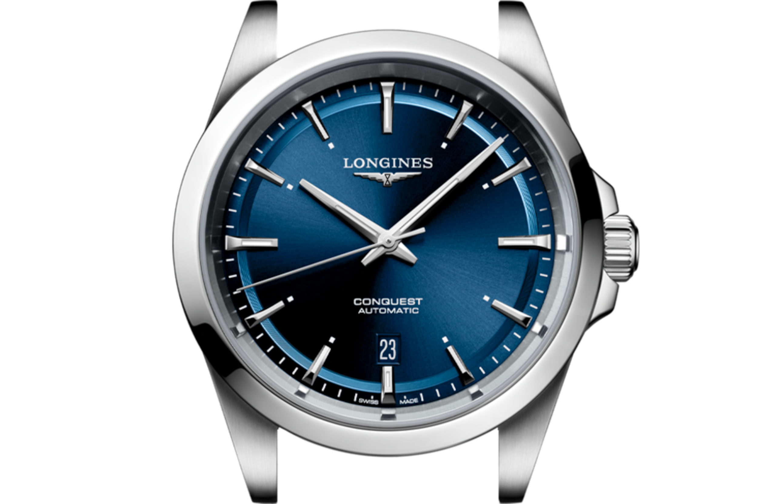 コンクエスト 自動巻、ステンレススティール、ブルー「サンレイ
