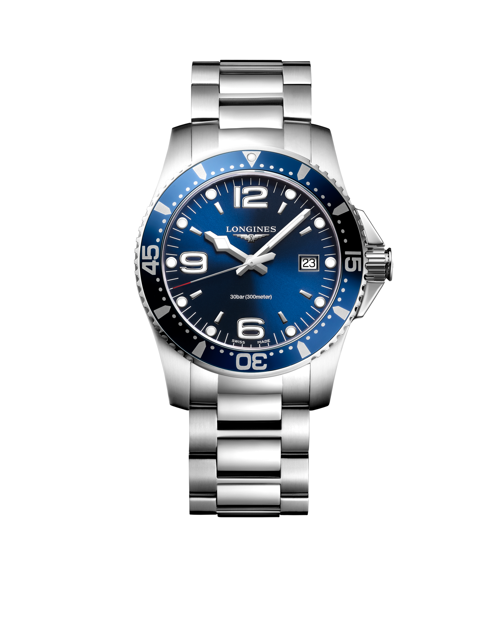 HYDROCONQUEST Quartz Stainless Steel Sunray Blue Dial Bracelet Watch LONGINES IN