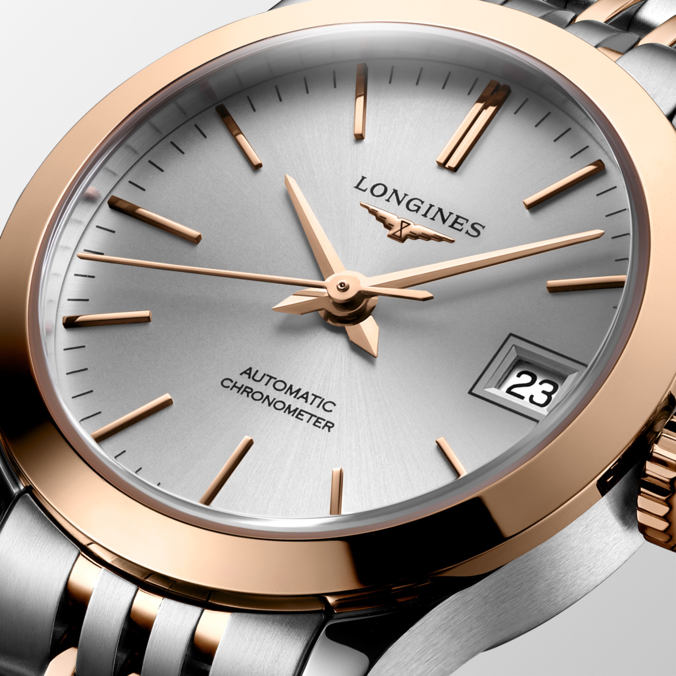 Longines RECORD automatico acciaio inossidabile e lunetta girevole bidirezionale con inserto spazzolato circolare sovrastato da una coiffe in oro rosa 18 carati 5n Watch - L2.320.5.72.7